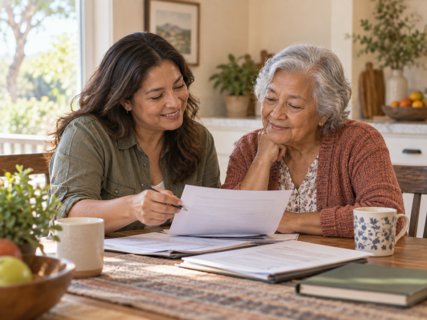 Adult daughter and her older mother reviewing planning documents together at home