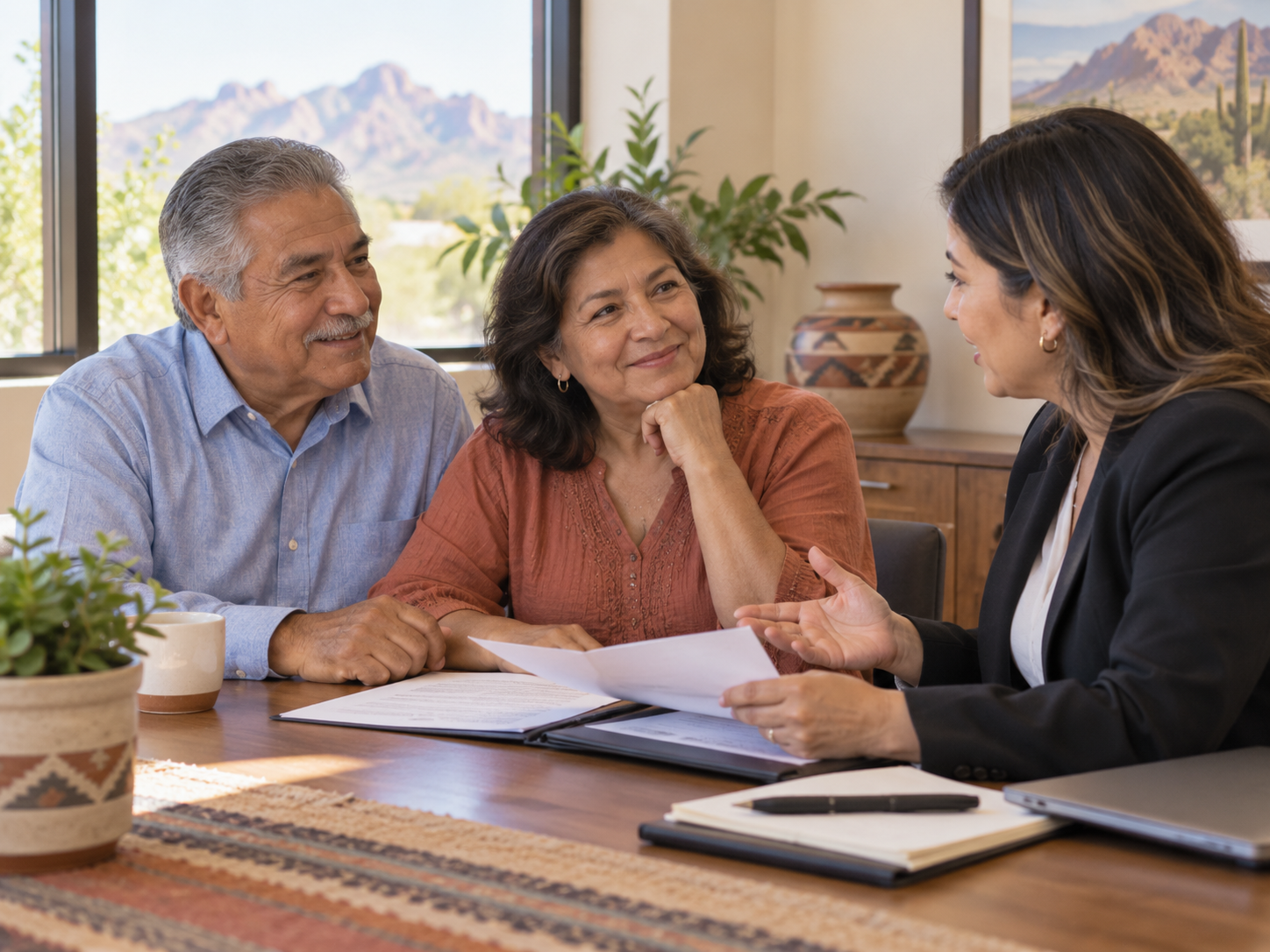 Older Hispanic couple discussing estate planning with an advisor in a Southwestern office