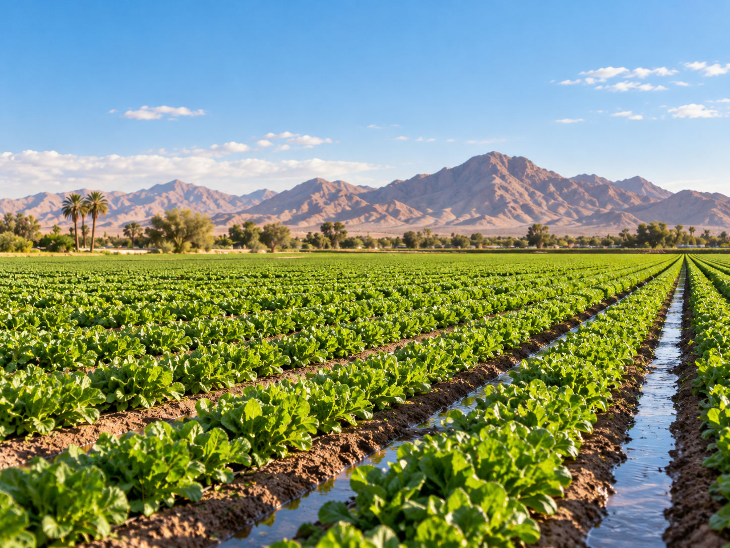Irrigated agricultural fields with desert mountains near Yuma, Arizona