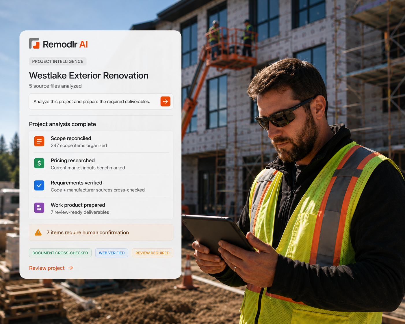 Construction professional using Remodlr AI on an active jobsite to organize project information, identify gaps, verify requirements, and prepare professional work.