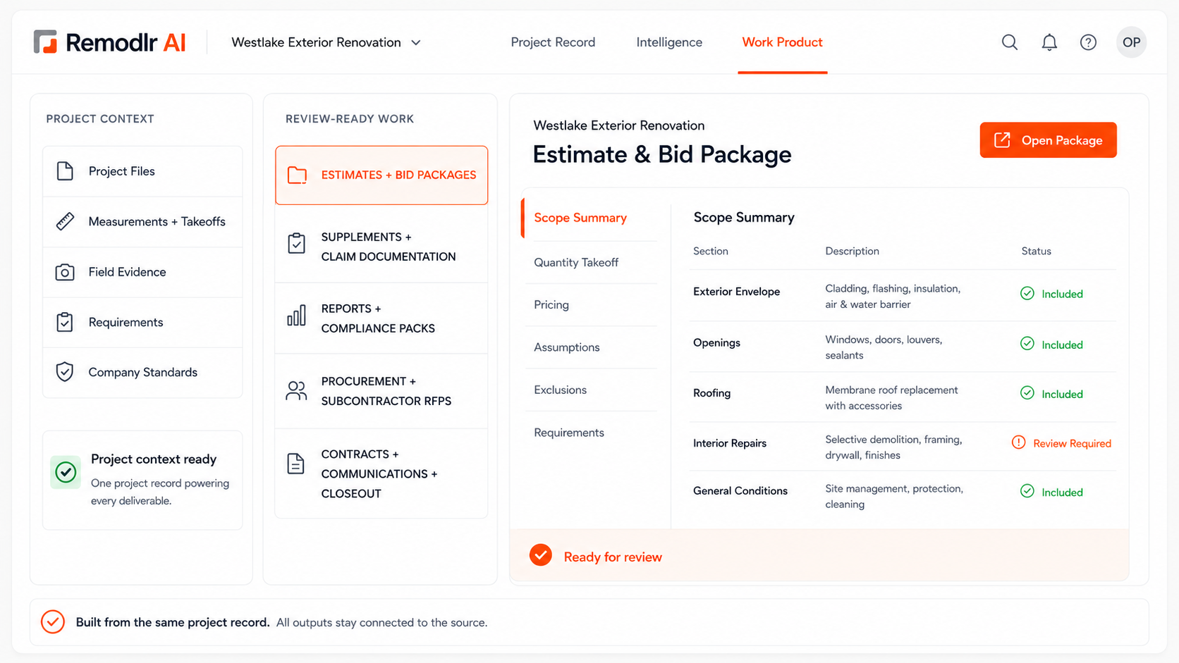 Remodlr AI Work Product dashboard showing one construction project record generating review-ready estimates, claim documentation, compliance packs, procurement RFPs, contracts, communications, and closeout documents.