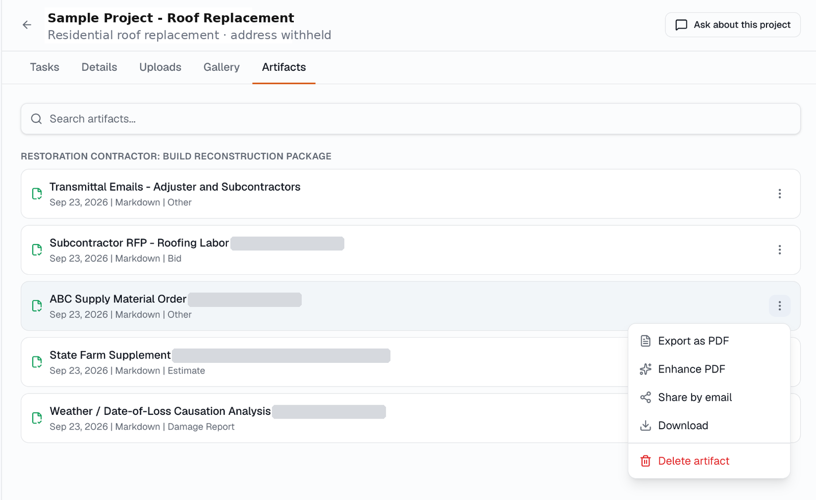 Remodlr artifact actions menu with Export as PDF, Enhance PDF, Share by email, and Download options