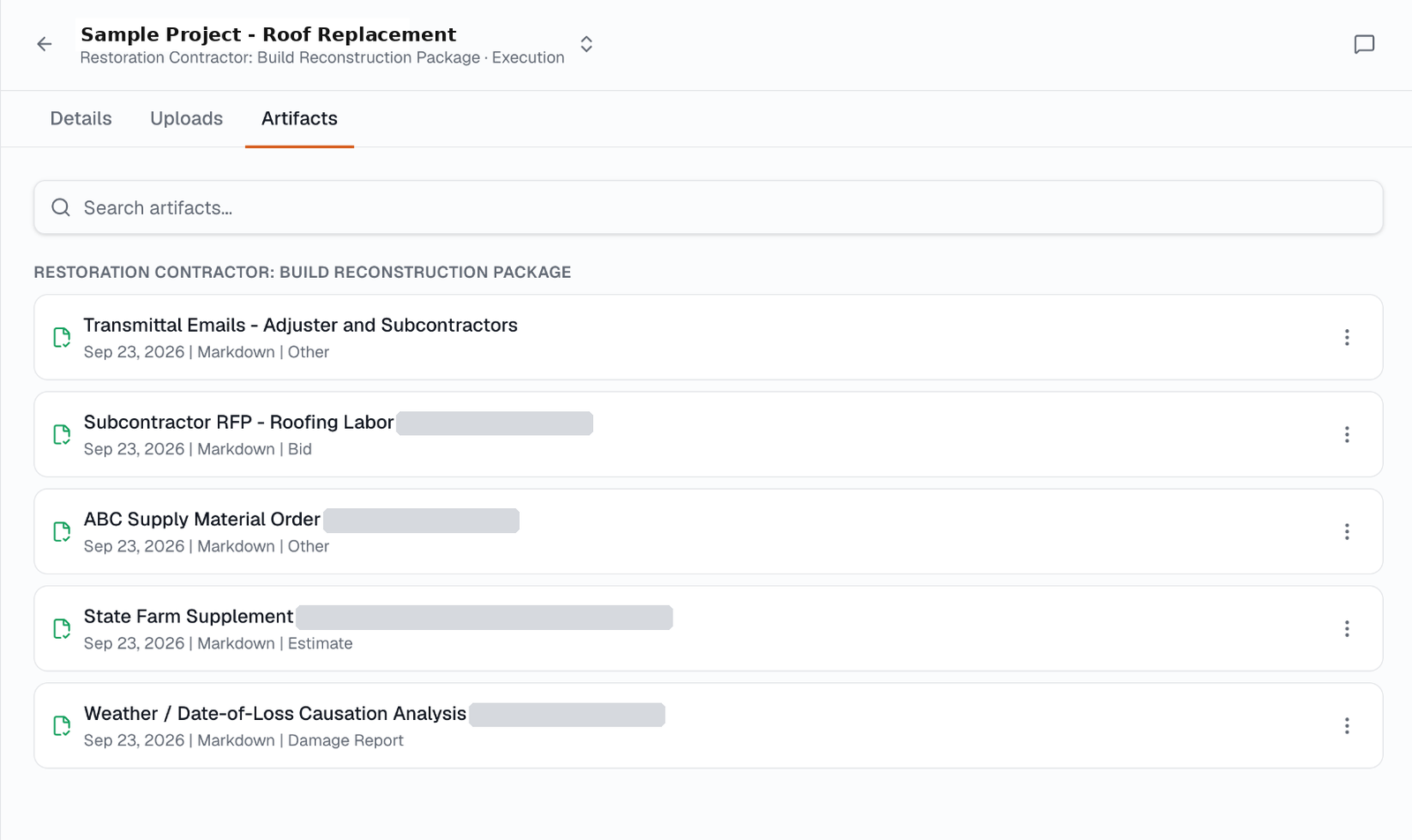 Remodlr artifacts list showing multiple professional outputs generated from one project