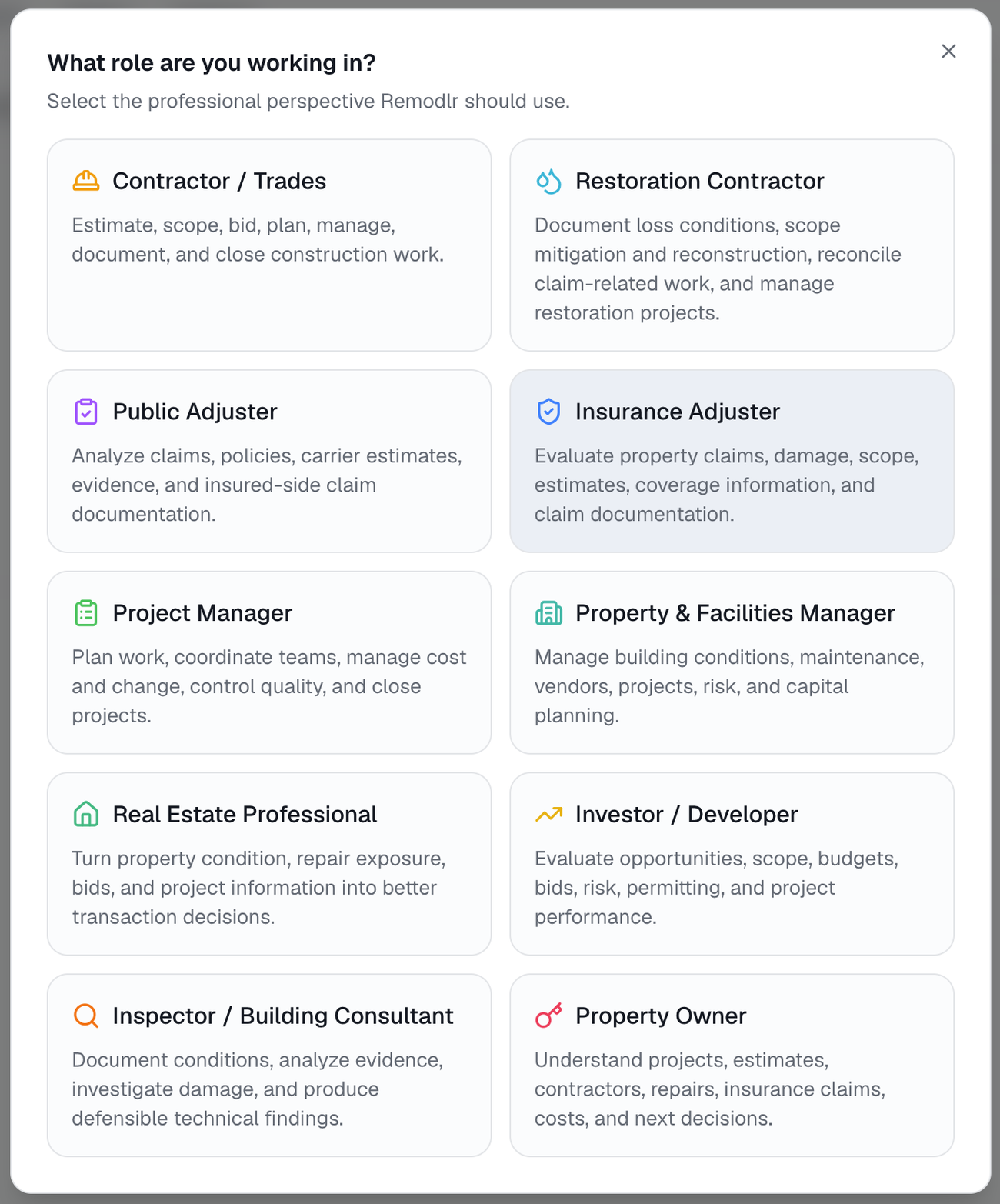 Remodlr role selector offering ten professional perspectives