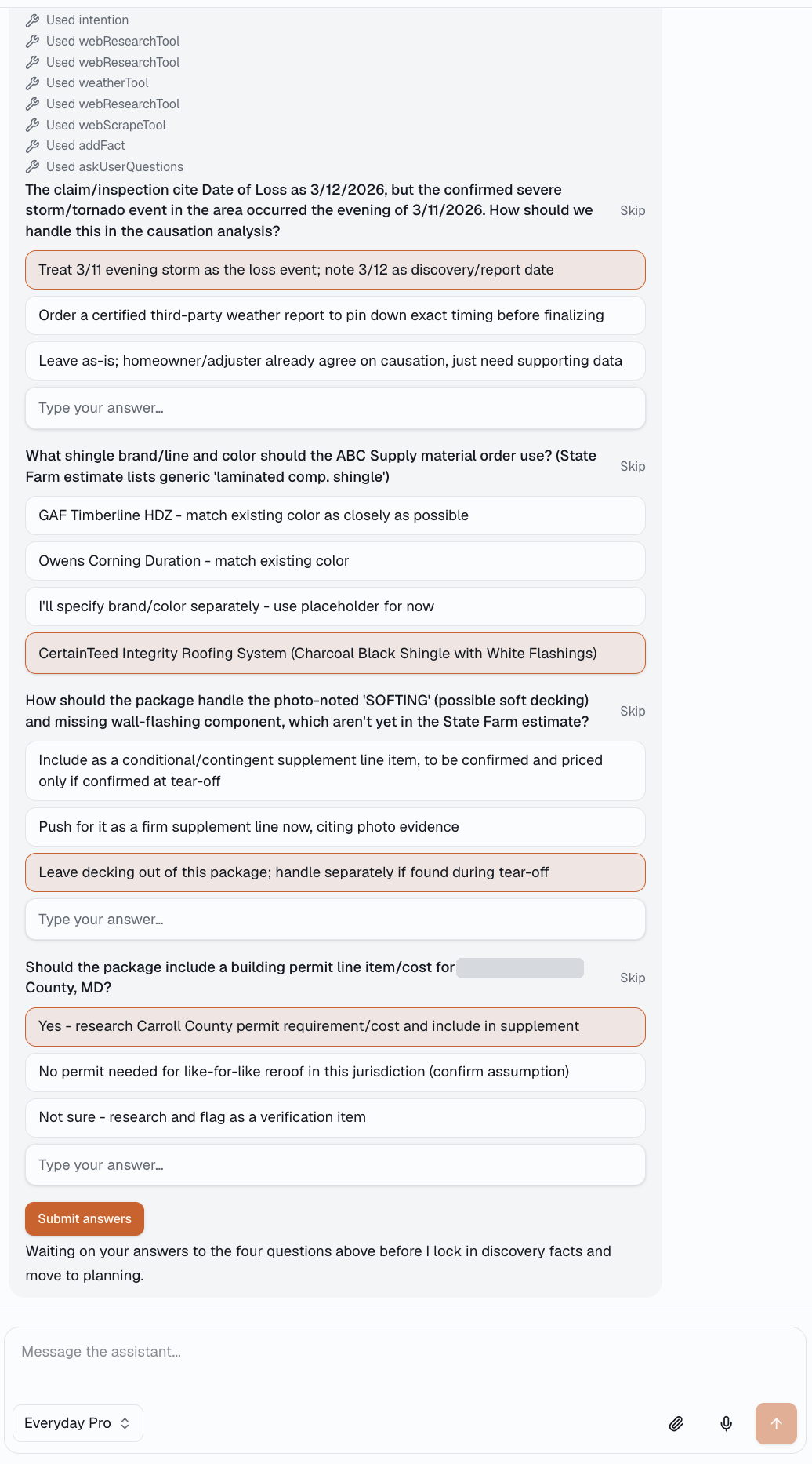 Remodlr discovery step asking targeted questions about gaps and conflicts in the project evidence