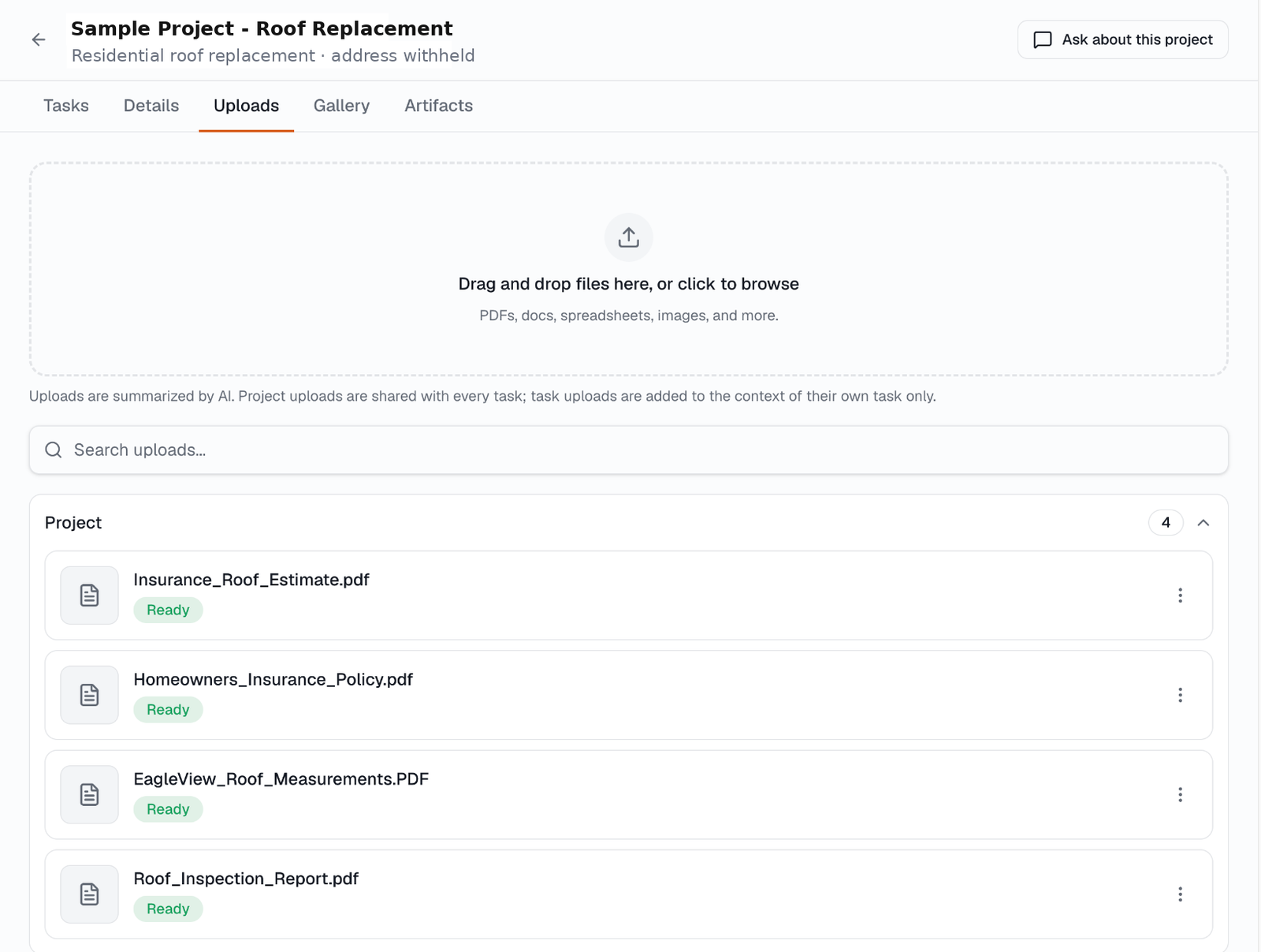 Remodlr project uploads view listing photos, reports, and documents added as evidence