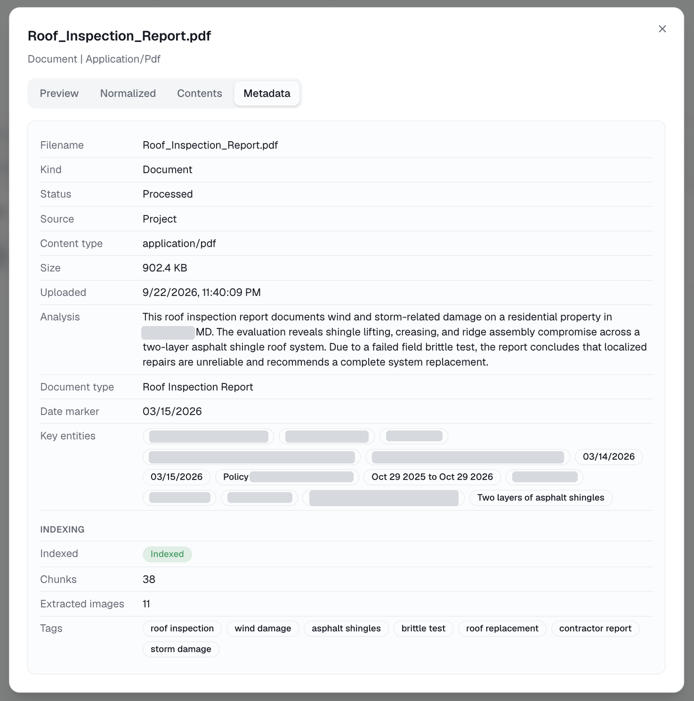 Remodlr document analysis showing extracted metadata and a summary for an uploaded roof inspection report