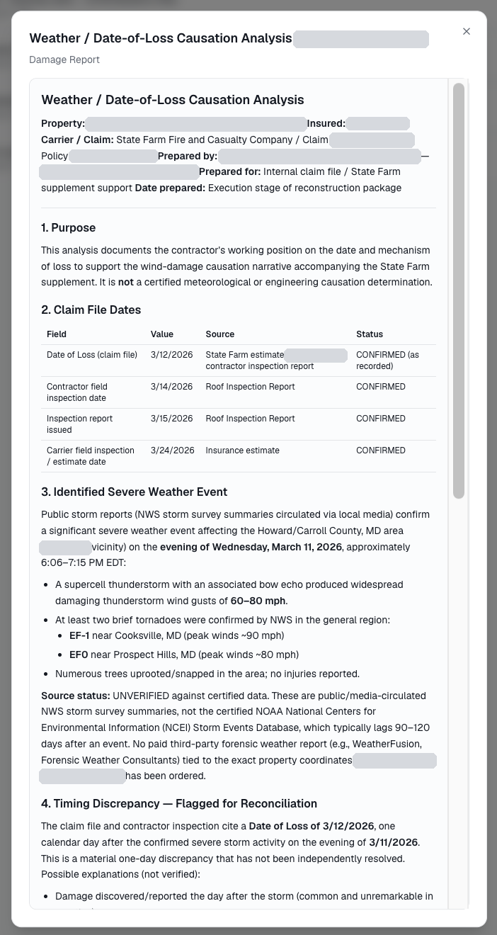 Remodlr-generated weather and date-of-loss analysis for a storm damage claim, flagging date and storm evidence for reconciliation