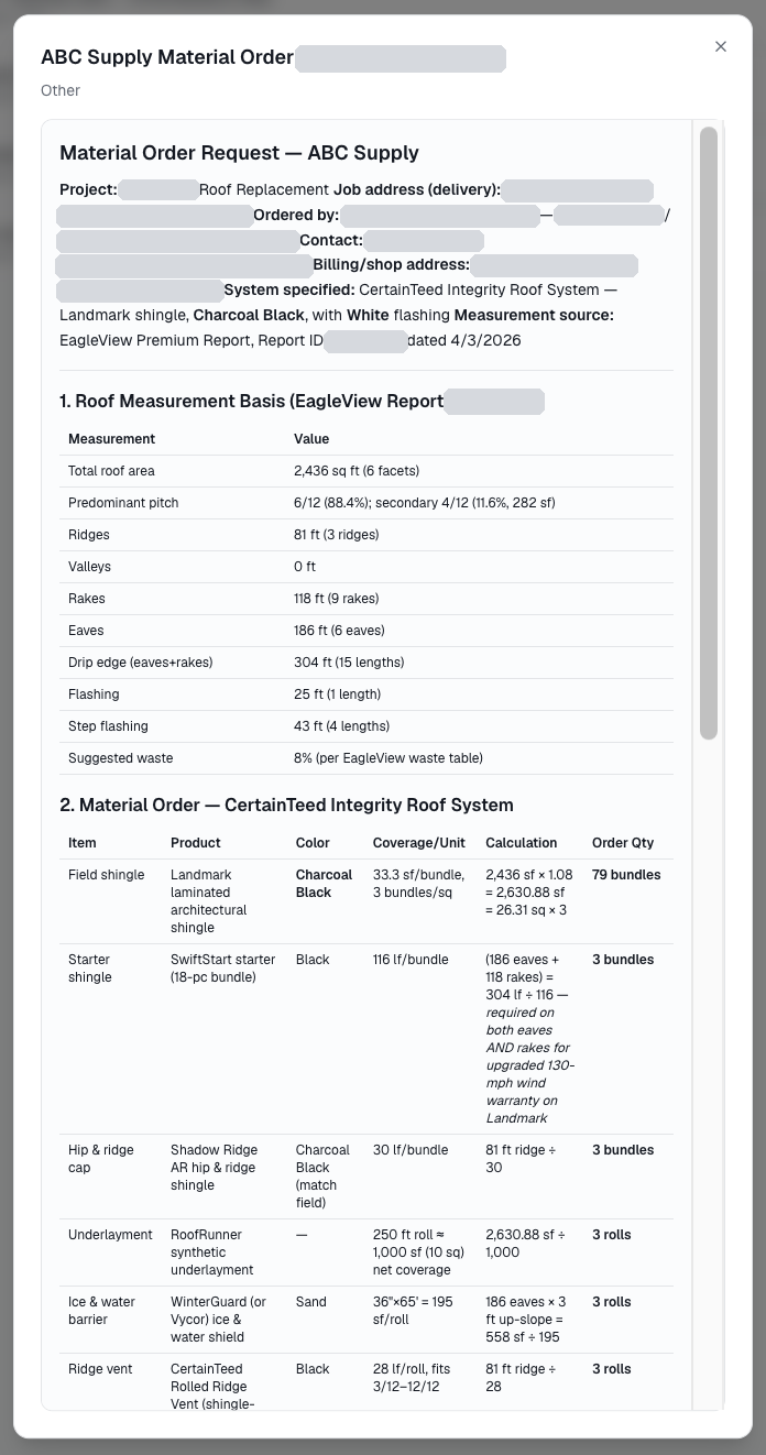 Remodlr-generated roofing material order table with quantities by line item