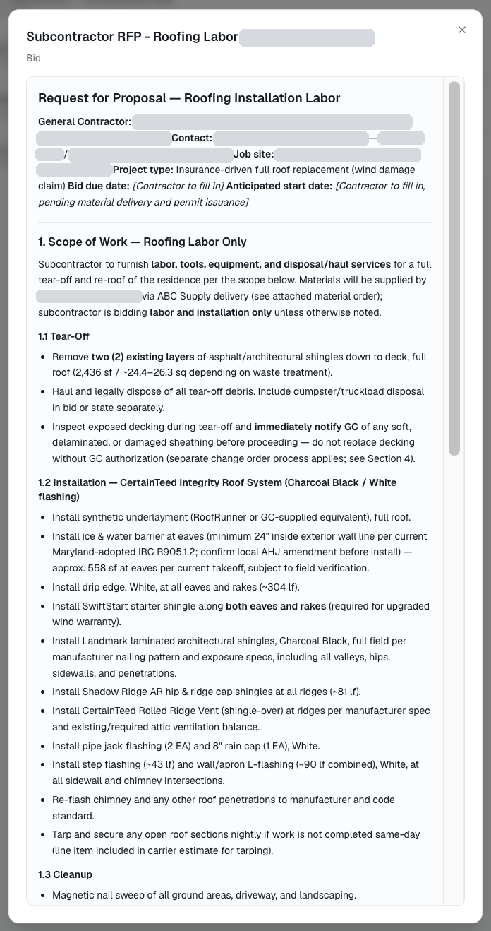 Remodlr-generated subcontractor request for proposal with scope of work