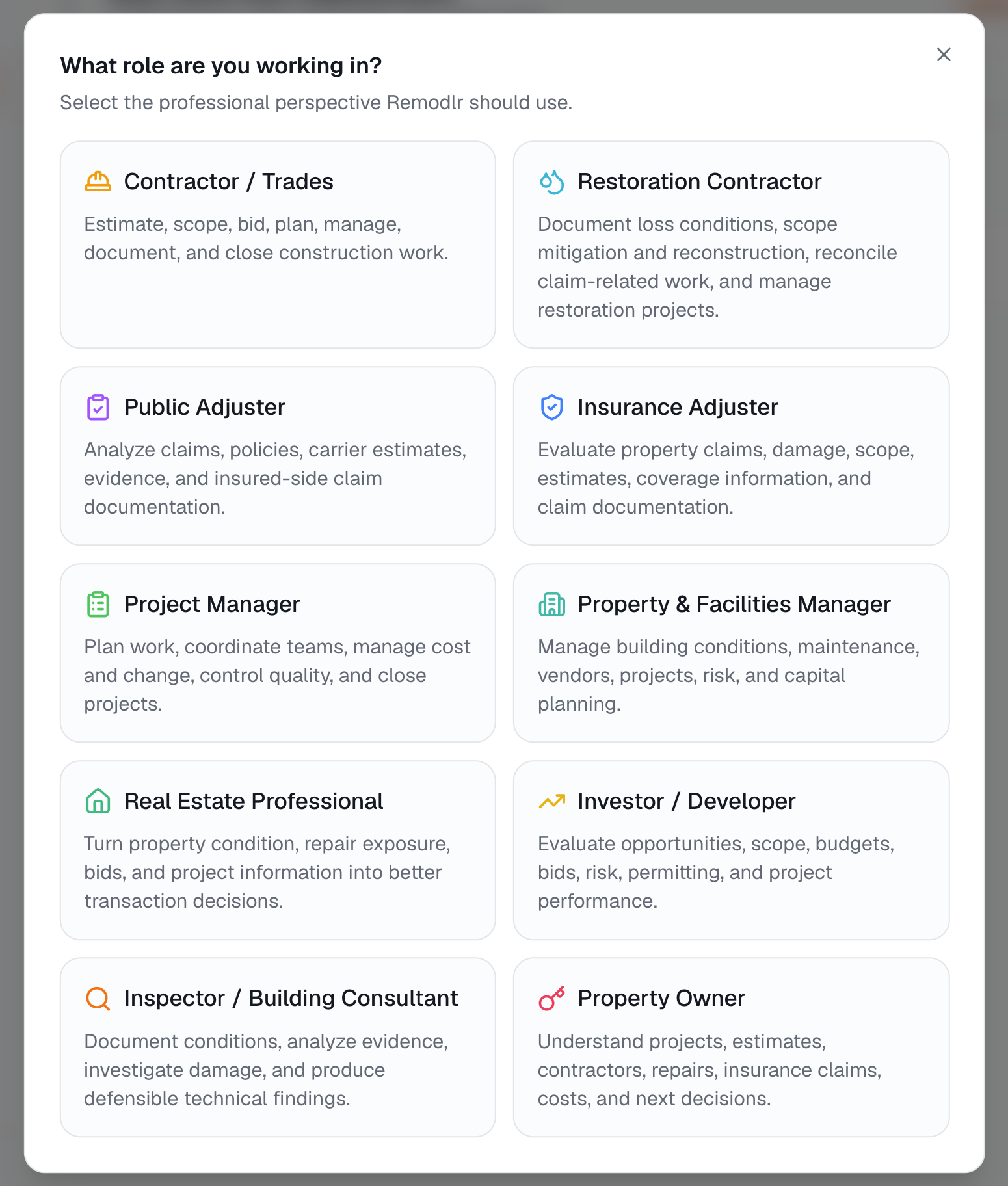 Remodlr agent selector showing 10 professional perspectives