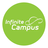 Infinite Campus logo with white text and cloud design on a green circular background.