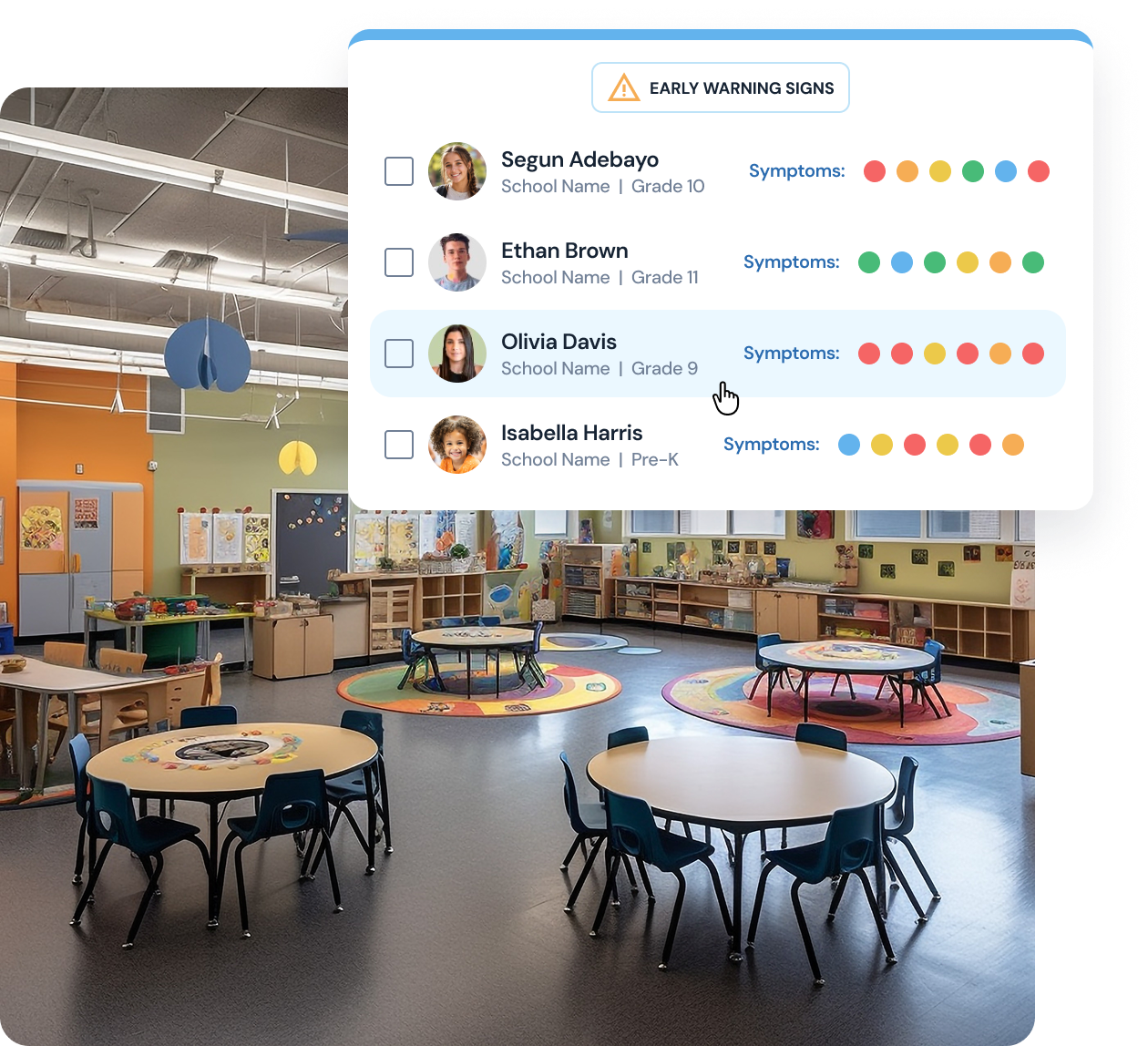 Overlay of a digital interface showing early warning signs for students Segun Adebayo, Ethan Brown, Olivia Davis, and Isabella Harris with their school names and grade levels, alongside colored dots representing symptoms. The interface is displayed over a photo of a brightly colored empty classroom with round tables and chairs.