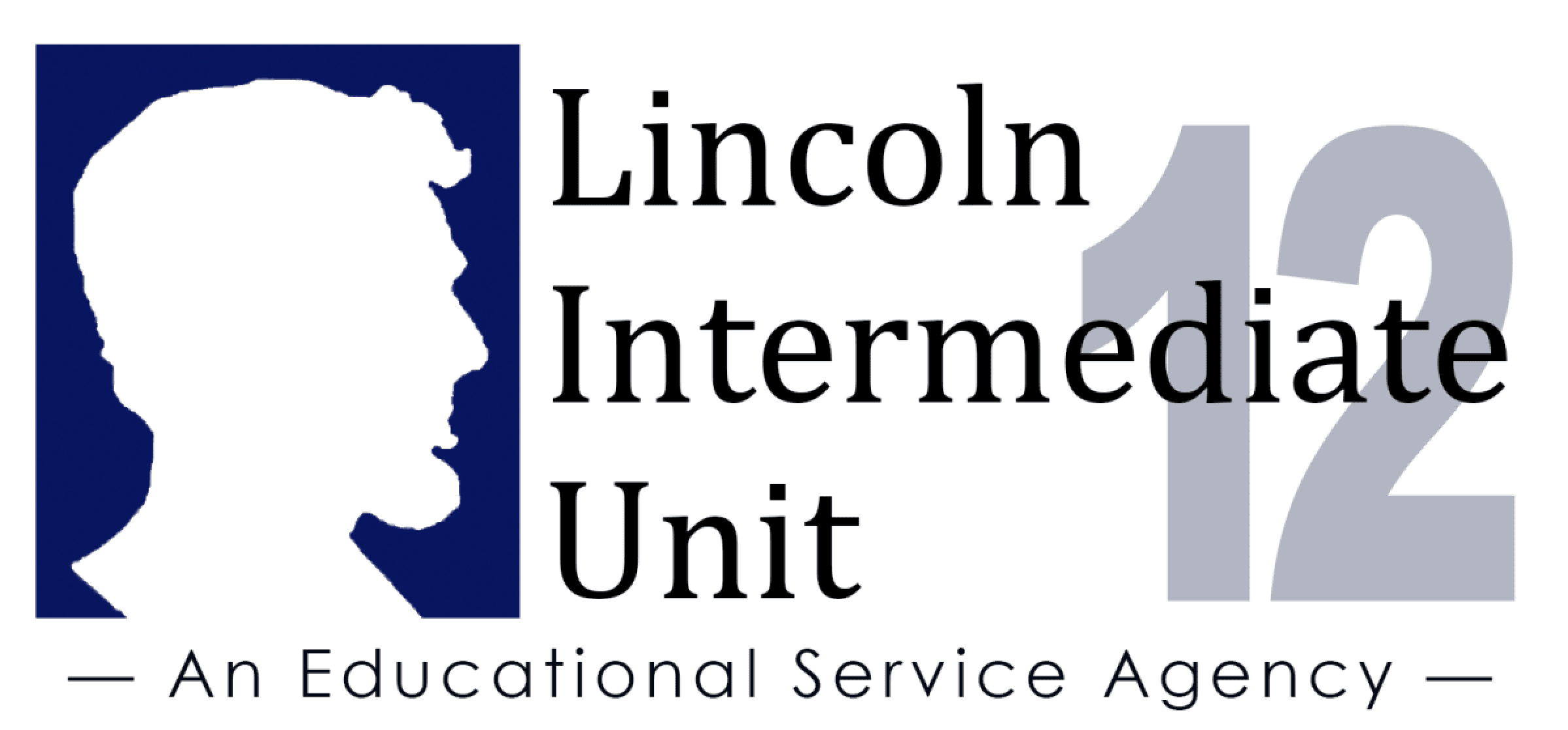 Logo of Lincoln Intermediate Unit 12 featuring a white silhouette of Abraham Lincoln's profile on a dark blue square background, with text reading Lincoln Intermediate Unit 12 and the tagline An Educational Service Agency.