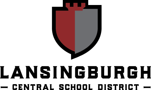 Logo with a shield divided vertically in two halves: the left half is dark red, the right half is gray, with a castle battlement shape on top of the shield, and the words 'Lafayette Consolidated School District' below it.