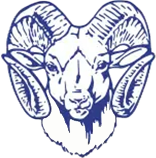 Illustration of a ram's head with large curved horns facing forward in blue and white.