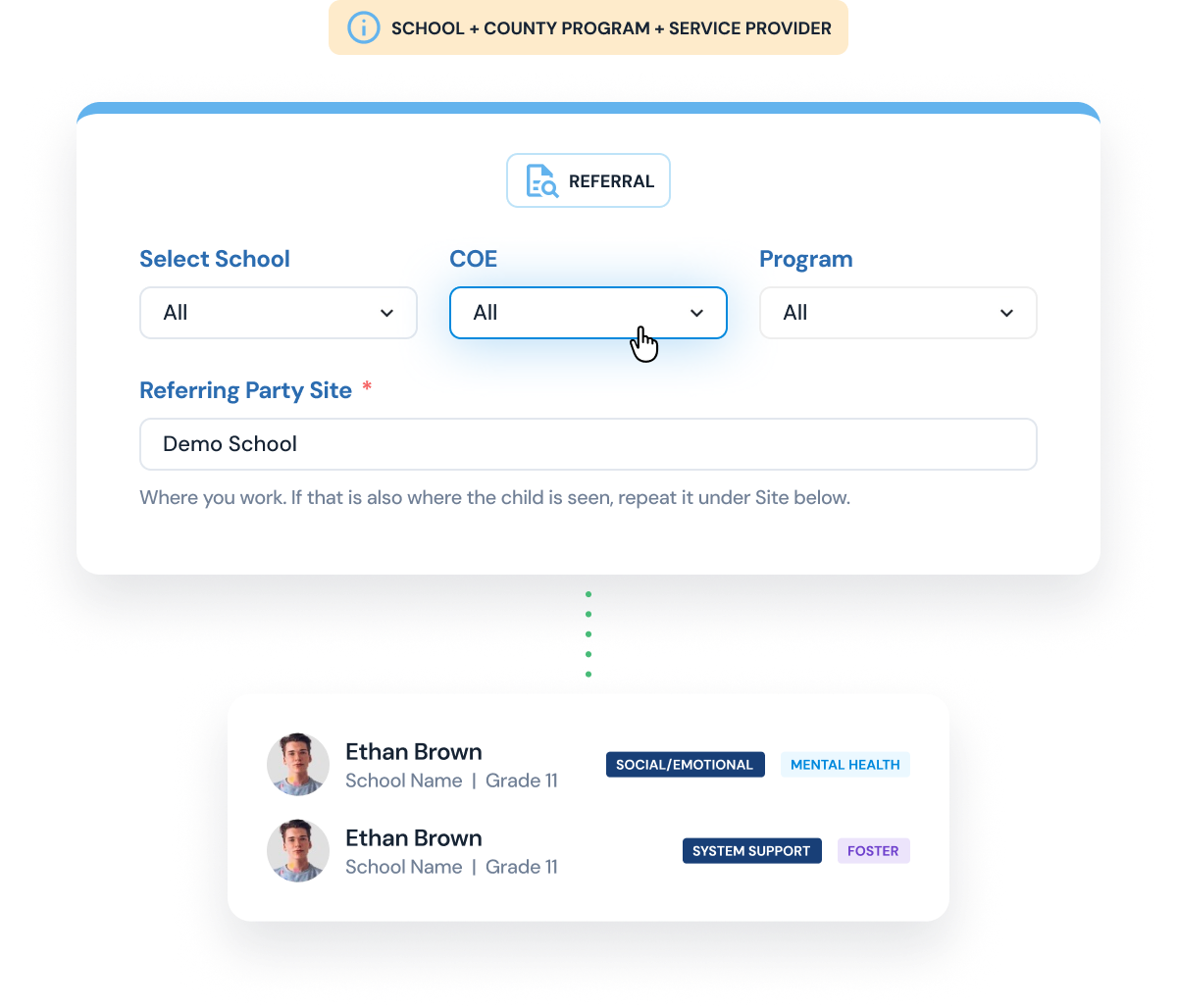 User interface showing a referral filter with dropdowns for selecting school, COE, and program, all set to 'All', and a field for referring party site set to Demo School with a note below. Below the filter are two student referral cards for Ethan Brown, Grade 11, School Name, with tags for social/emotional, mental health, system support, and foster.