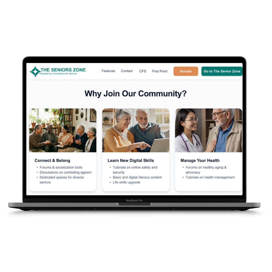 The Seniors Zone website shown on a laptop screen