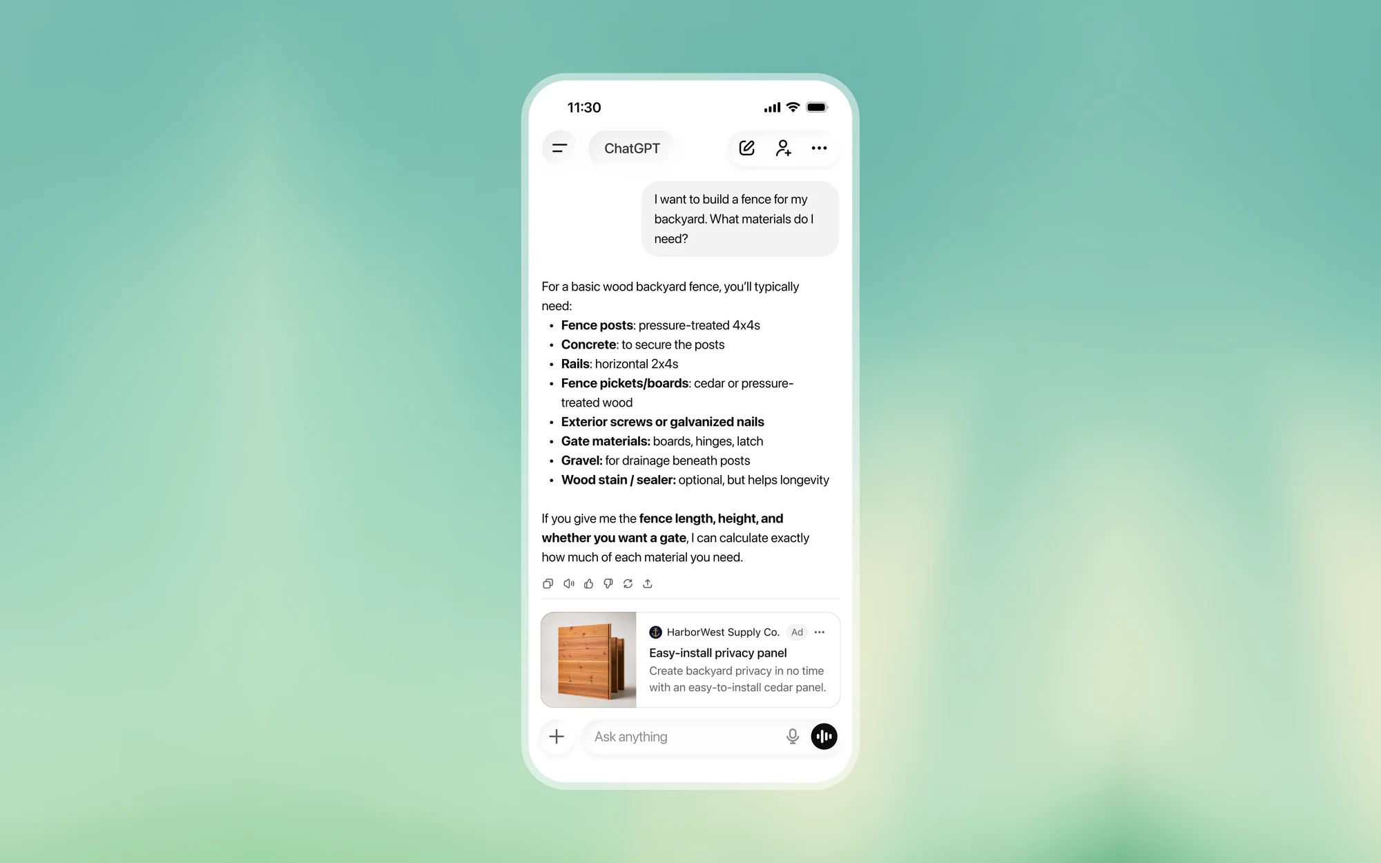 Conversație în ChatGPT pe telefon, cu un anunț sponsorizat afișat sub răspuns