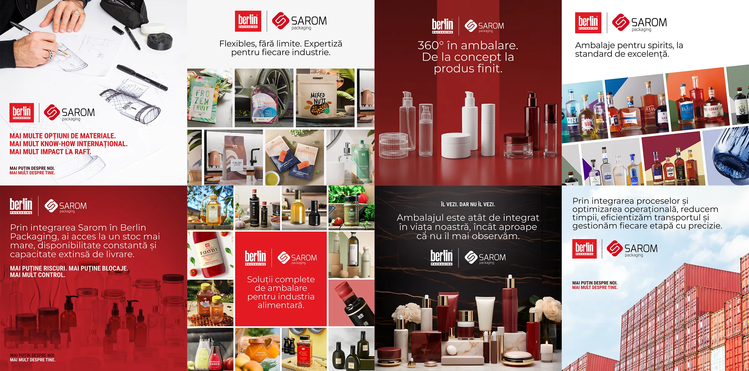 Grilă de postări social media Berlin Packaging Sarom cu ambalaje din sticlă pentru băuturi, cosmetice și alimente