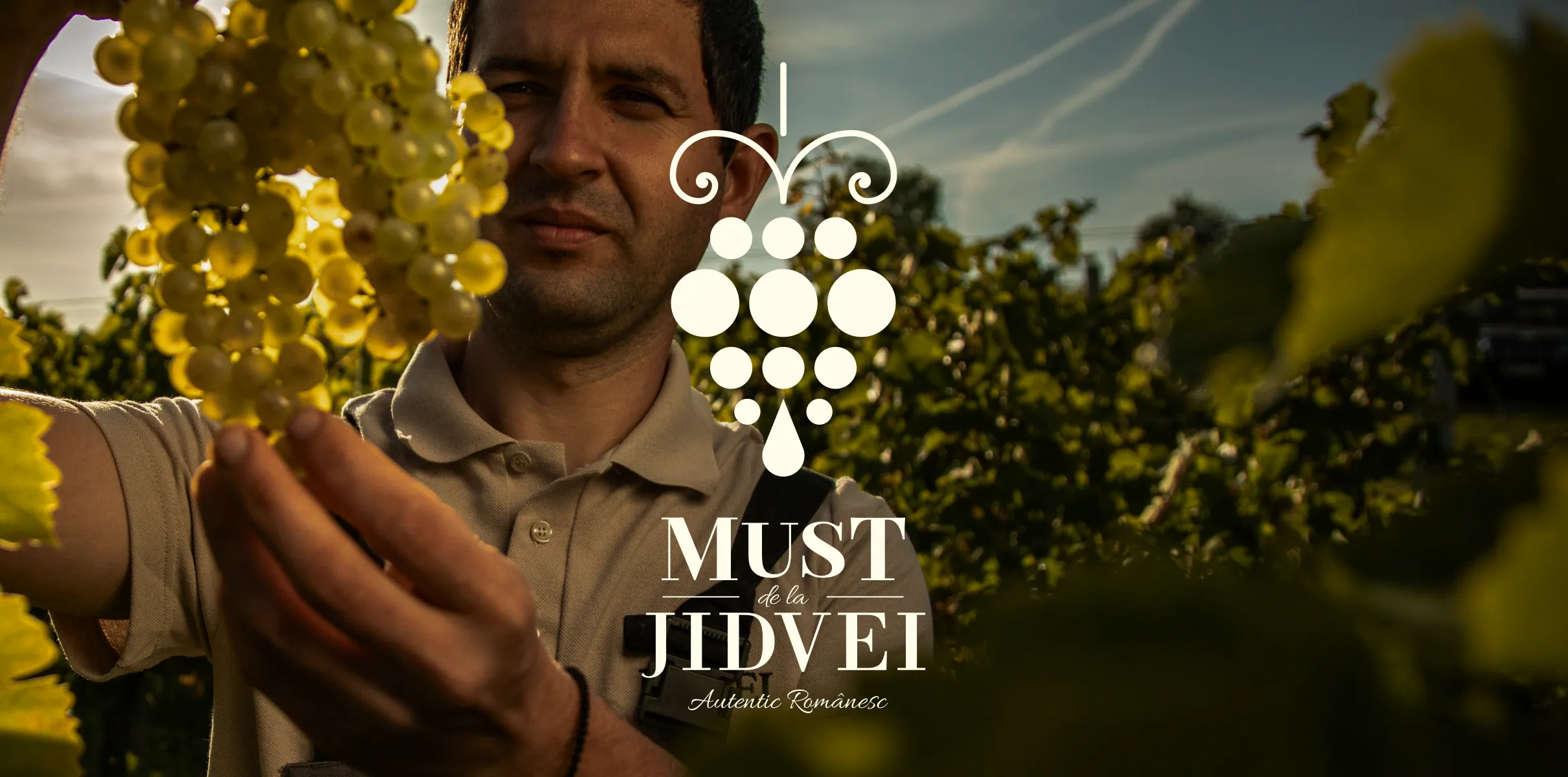 Viticultor care ține un ciorchine de struguri albi în vie, cu logo-ul Must de la Jidvei