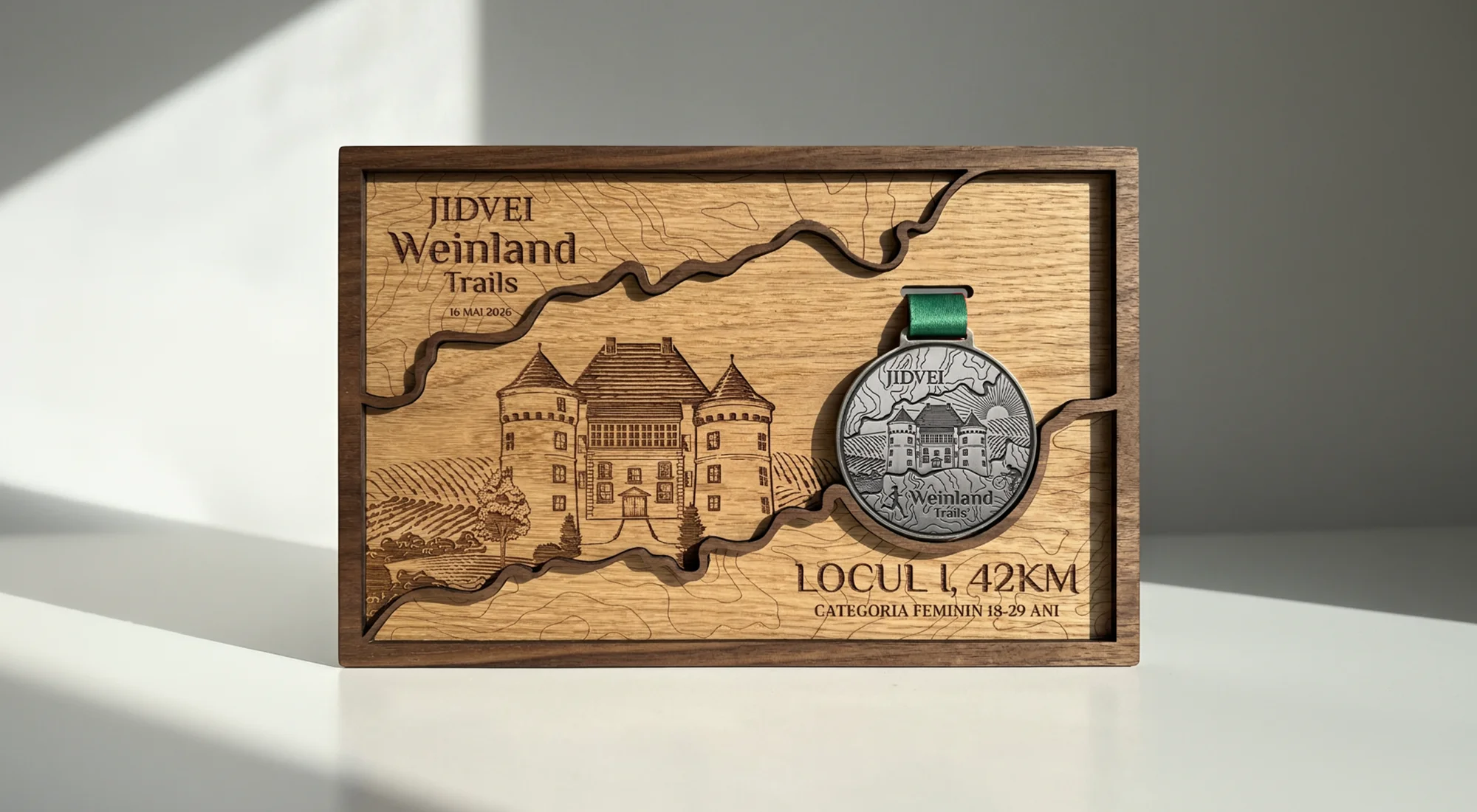 Placă de lemn gravată cu medalia pentru locul 1 la cursa de 42 km Jidvei Weinland Trails