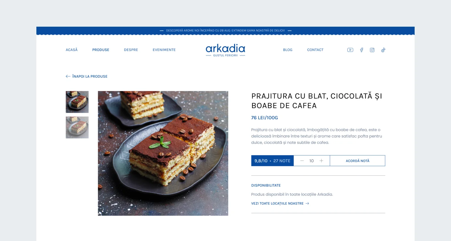 Pagina de produs Arkadia pentru prăjitura cu blat, ciocolată și boabe de cafea