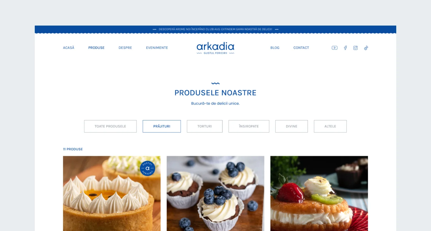 Catalogul de produse Arkadia, cu filtre pe categorii și tarte cu fructe