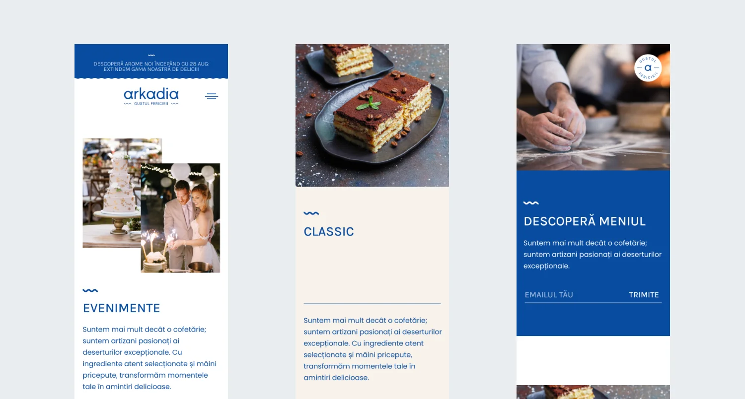 Trei ecrane de mobil ale site-ului Arkadia: evenimente, prăjituri clasice și meniu