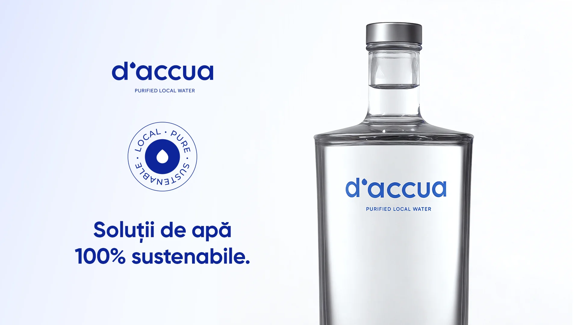 Sticlă de apă d'accua lângă mesajul „Soluții de apă 100% sustenabile”