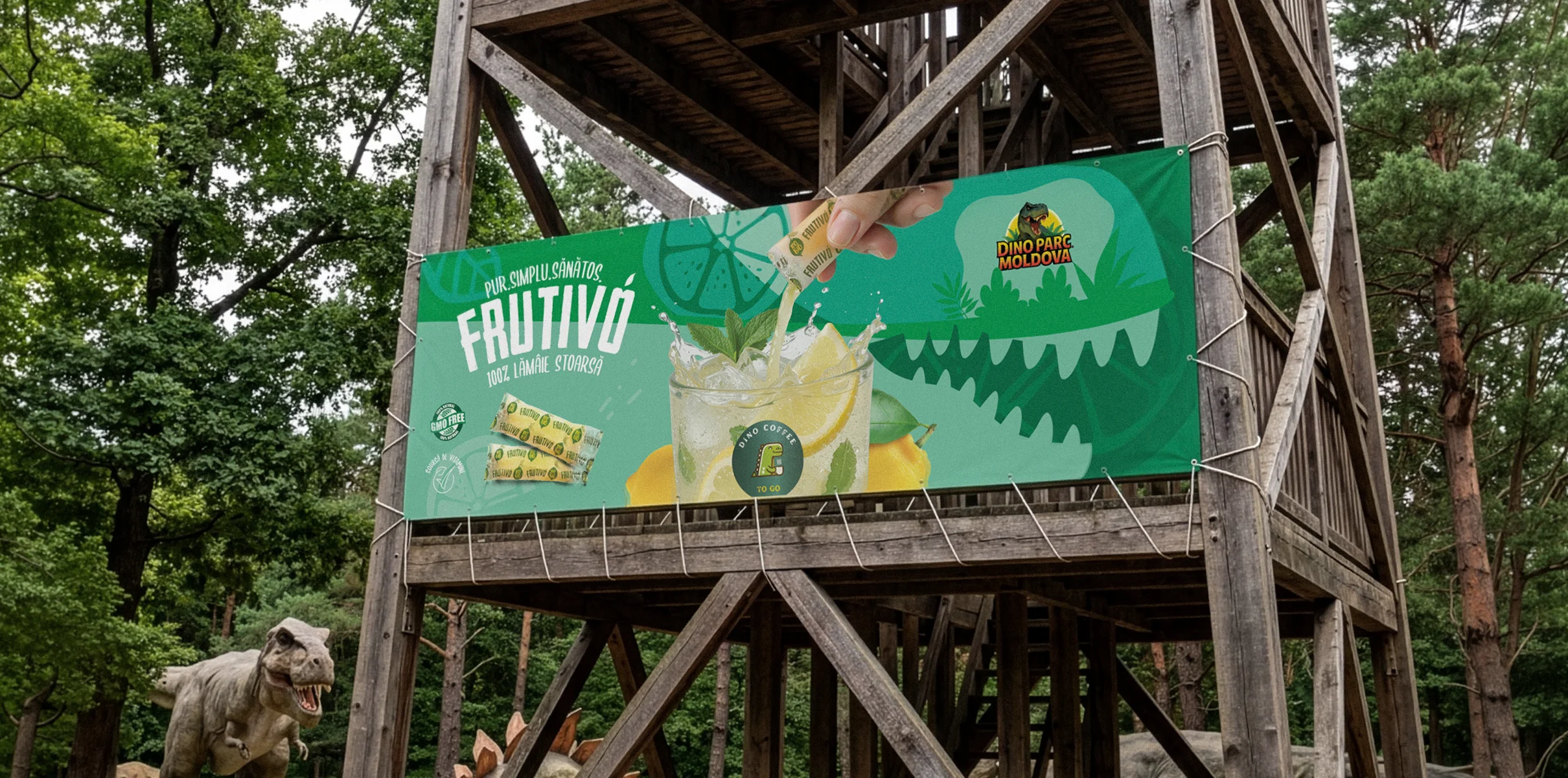 Banner Frutivo cu limonadă, montat pe un turn de lemn într-un parc