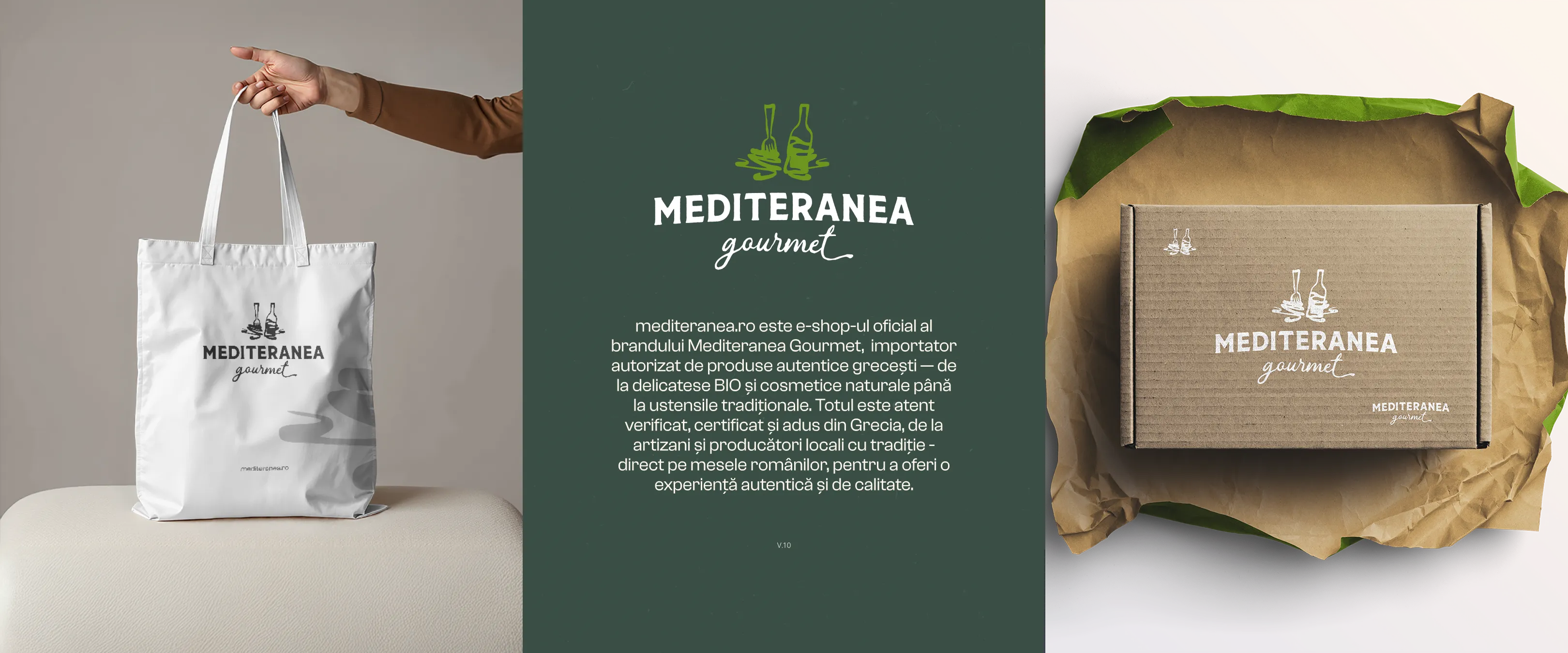 Sacoșă de pânză, prezentare de brand și cutie de livrare Mediteranea Gourmet