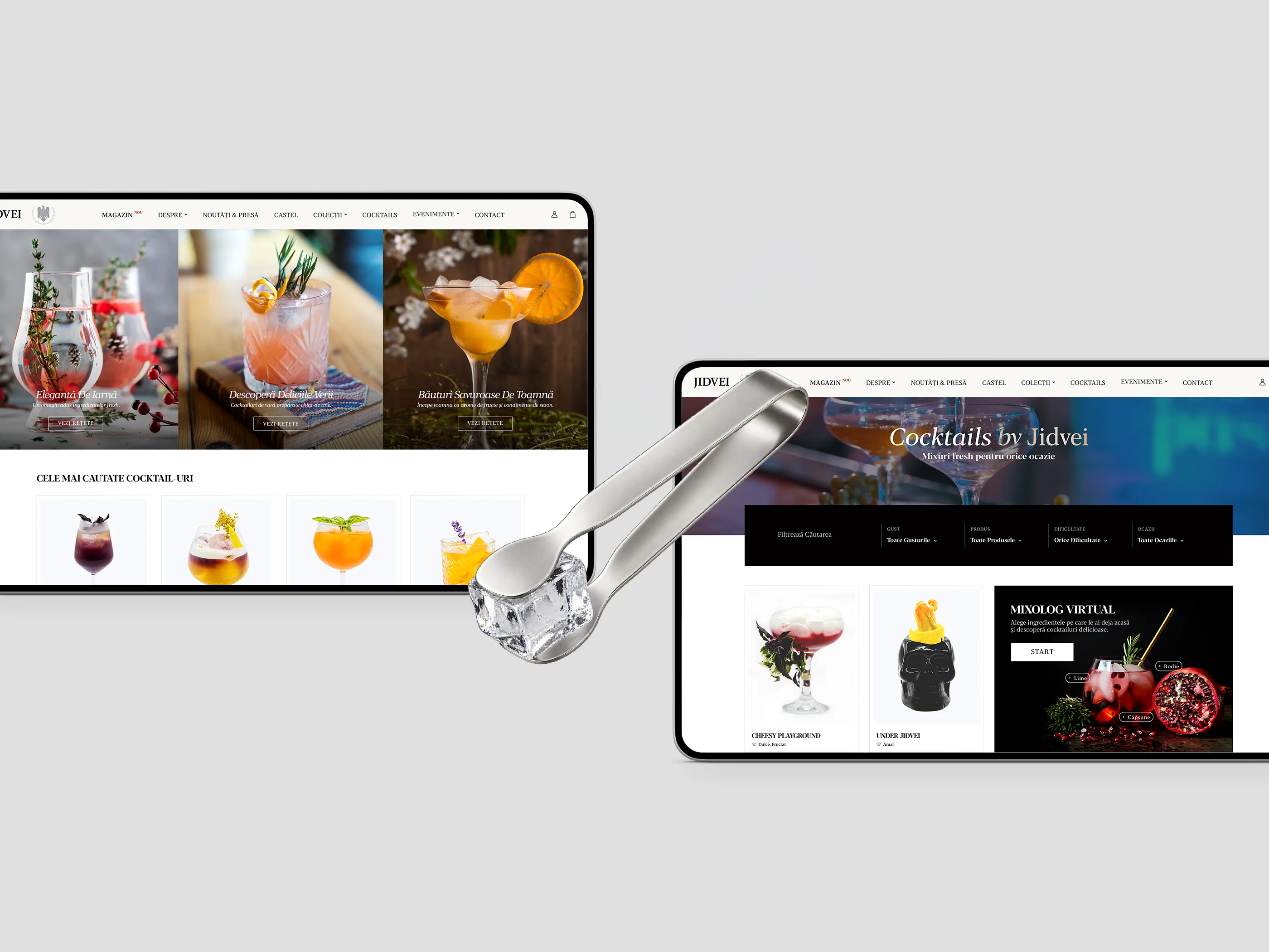 Două pagini ale site-ului Jidvei cu rețete de cocktailuri, pe desktop