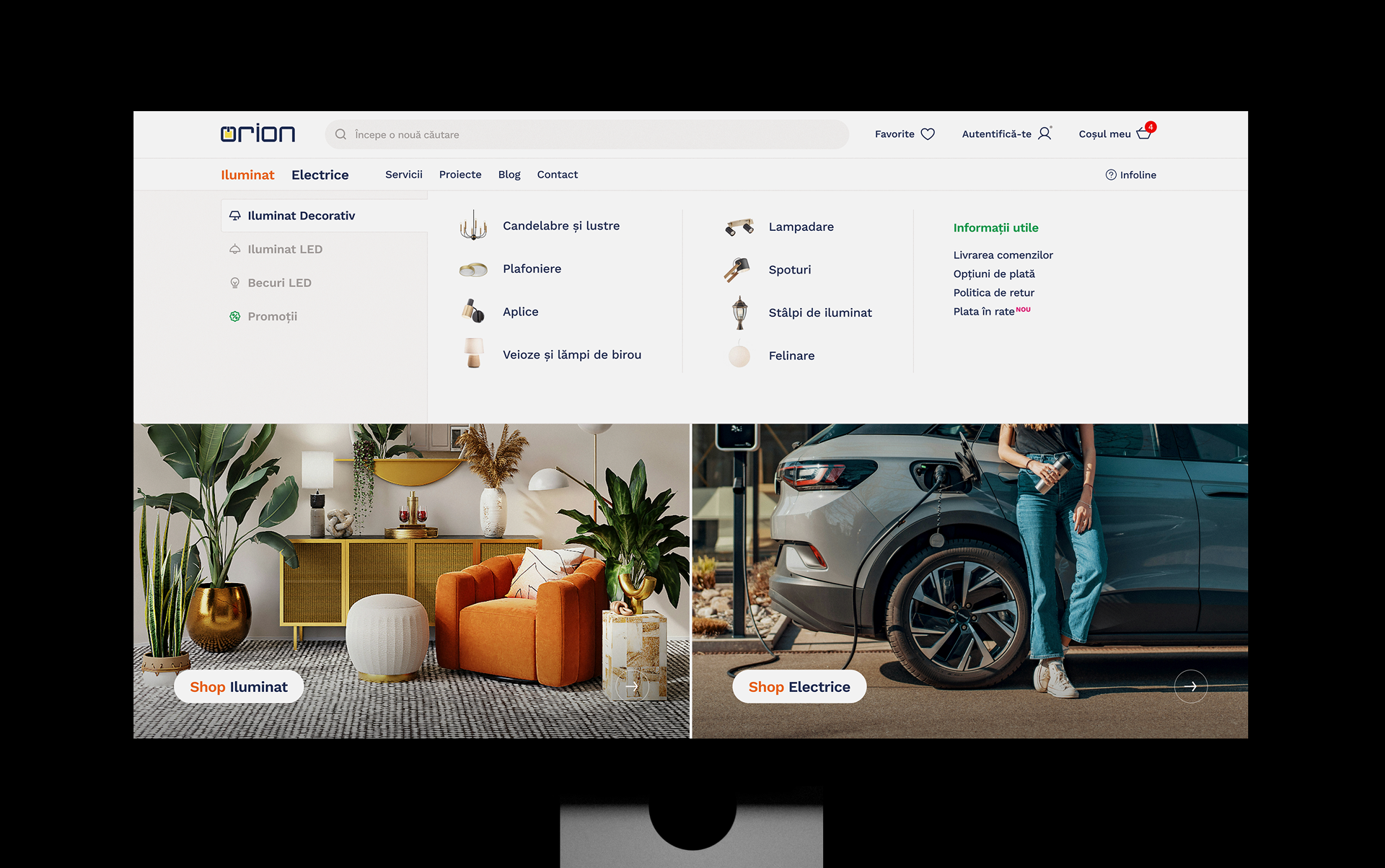 Ecran cu meniul magazinului online eOrion pentru iluminat și echipamente electrice