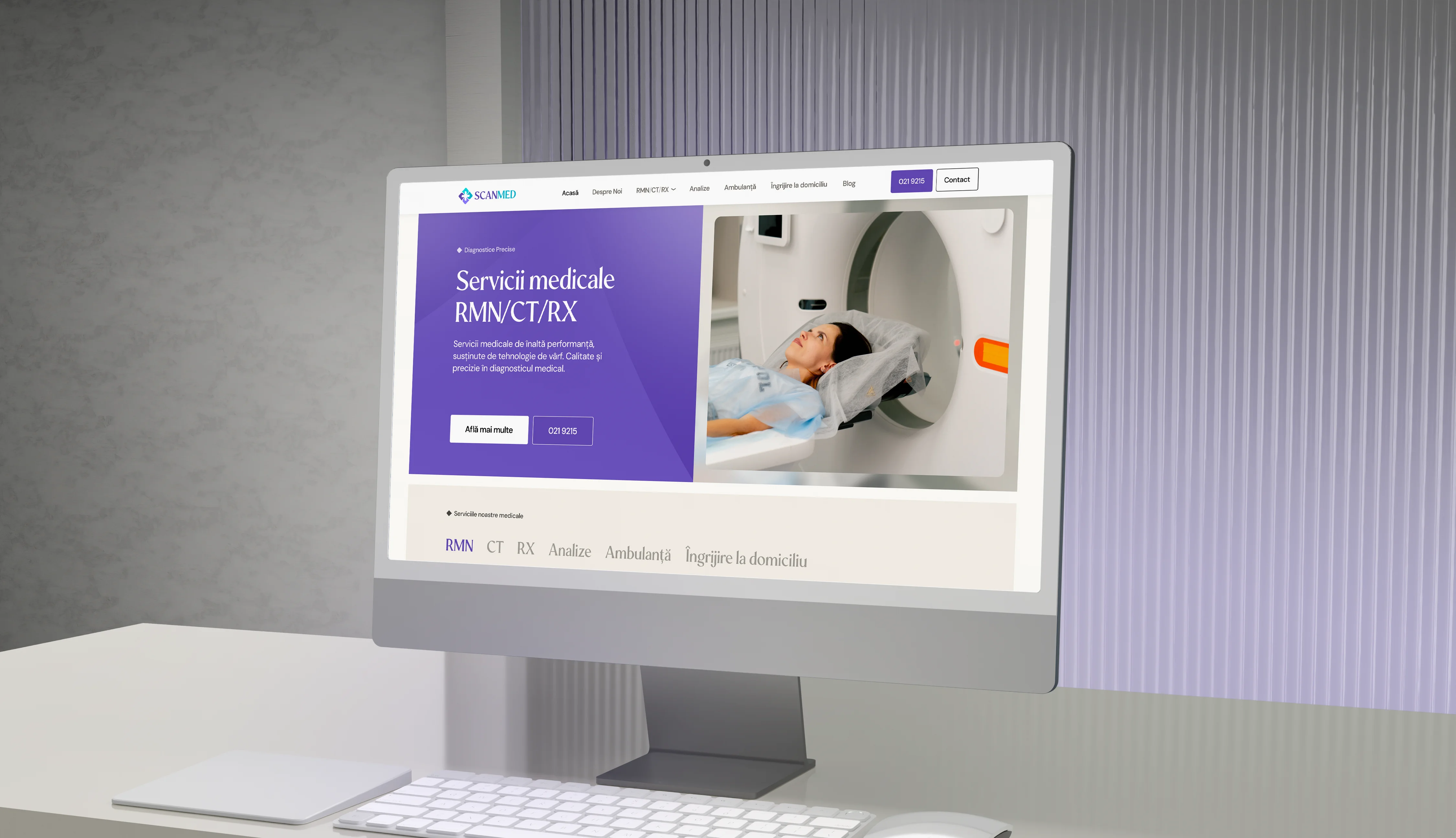 Monitor cu site-ul ScanMed, pagina de servicii RMN, CT și RX