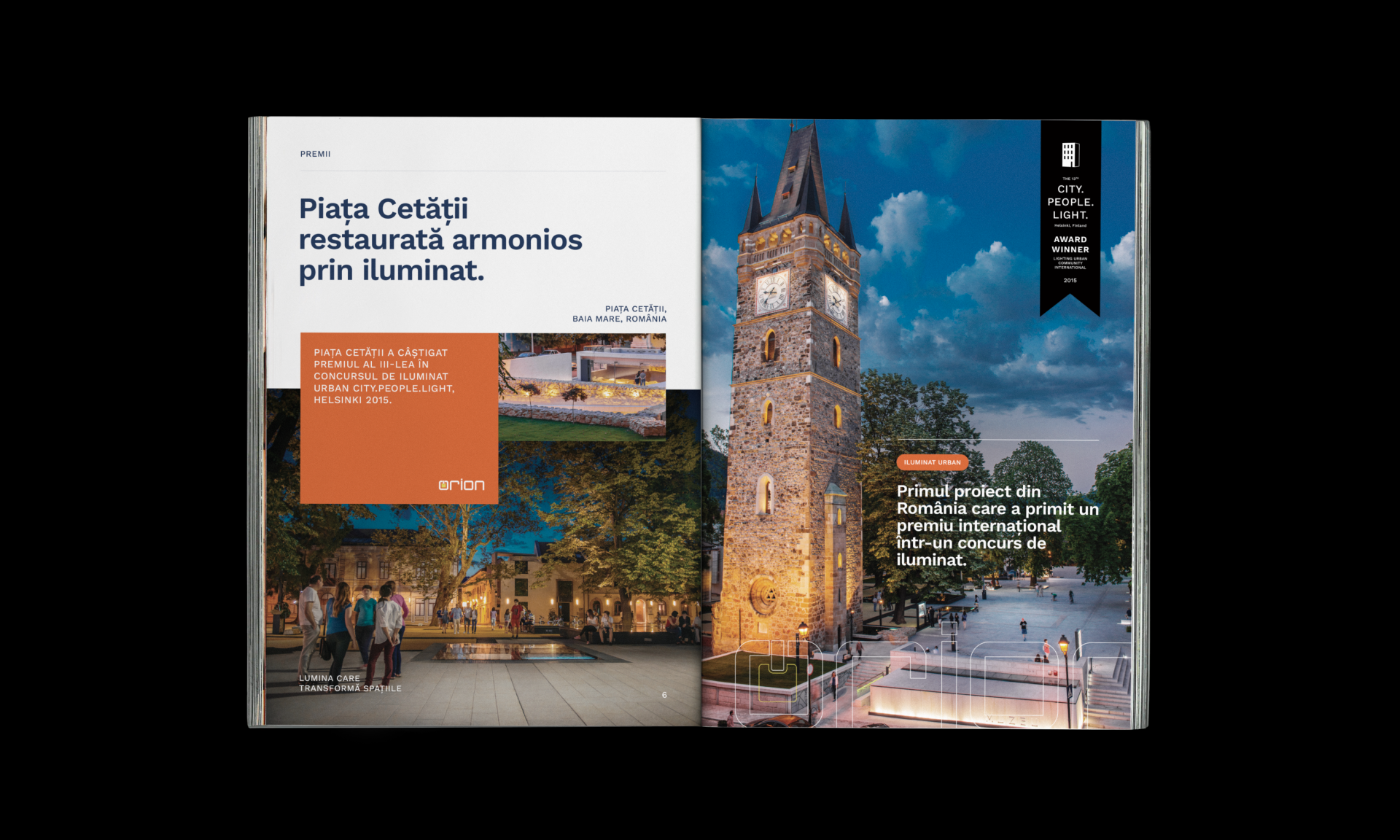 Broșură eOrion deschisă pe proiectul de iluminat al Pieței Cetății