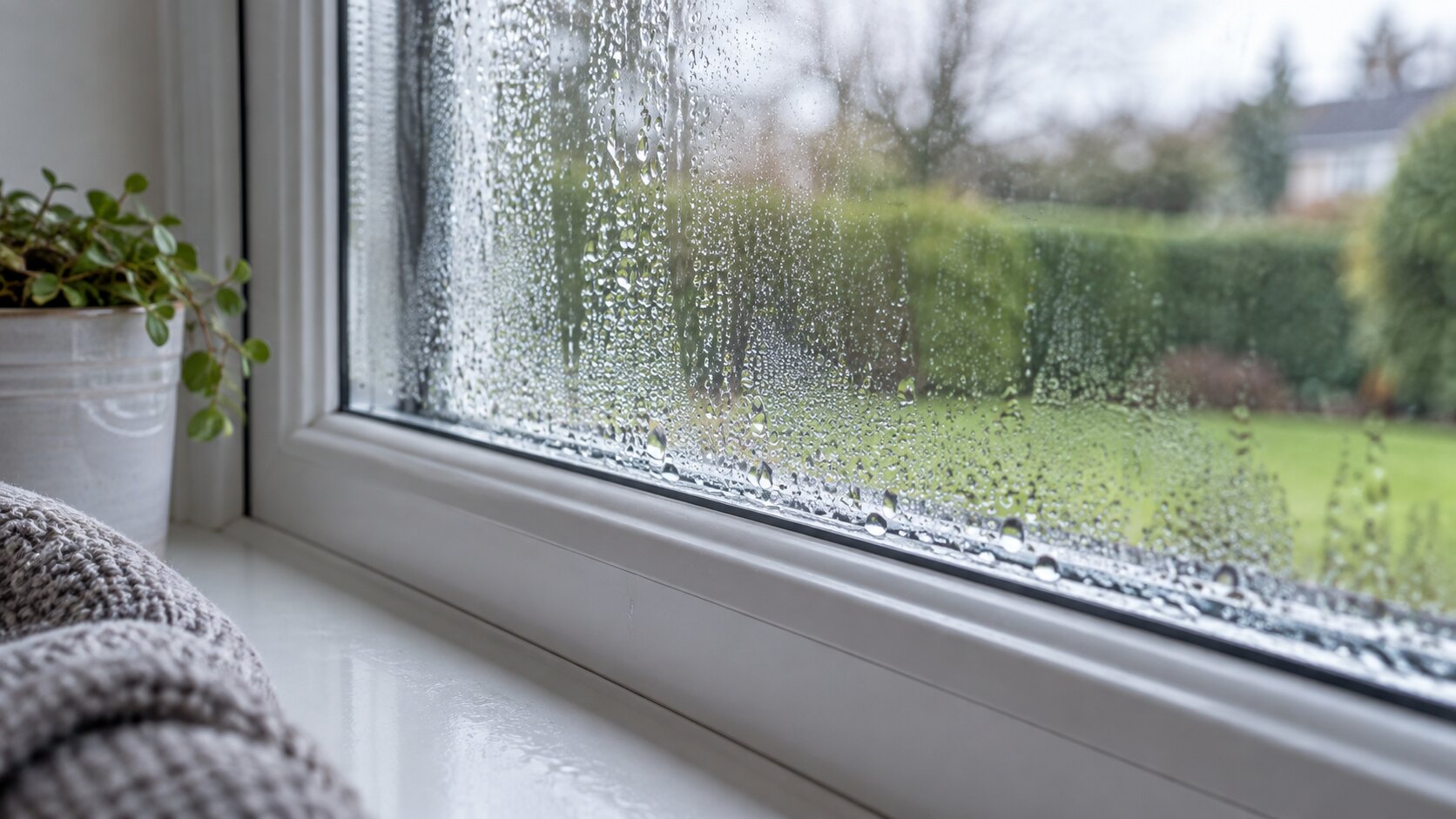 Condensation droplets on the inside of a double-glazed window overlooking a garden.