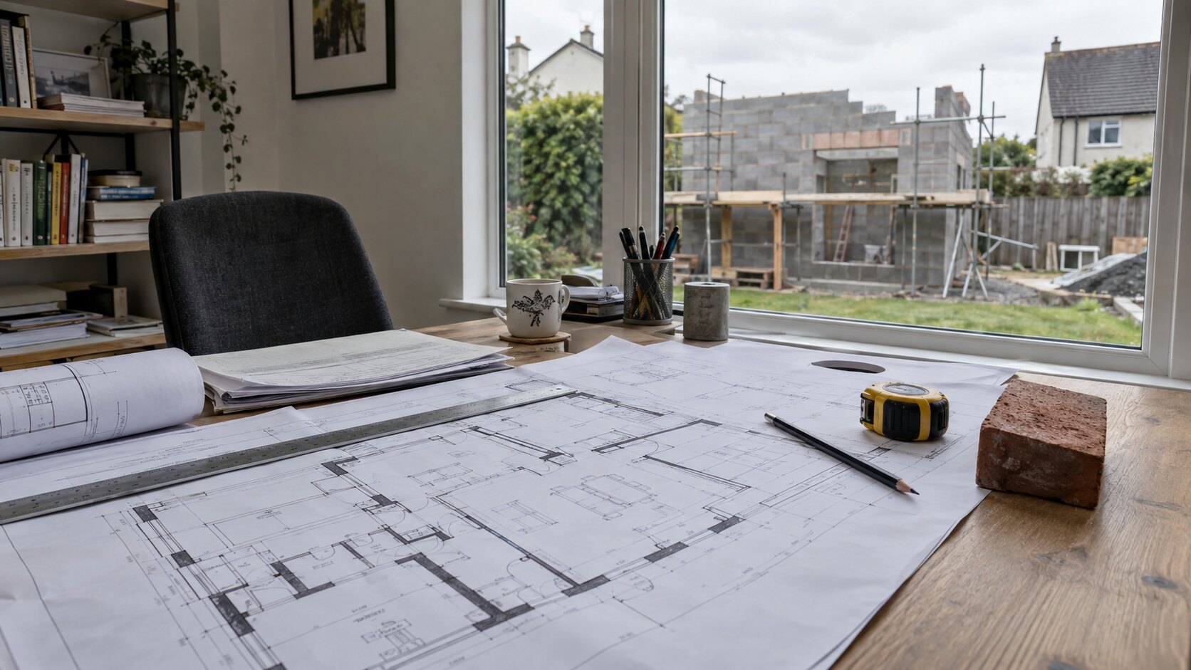 Residential building plans, ruler and tape measure on a desk beside a building project.