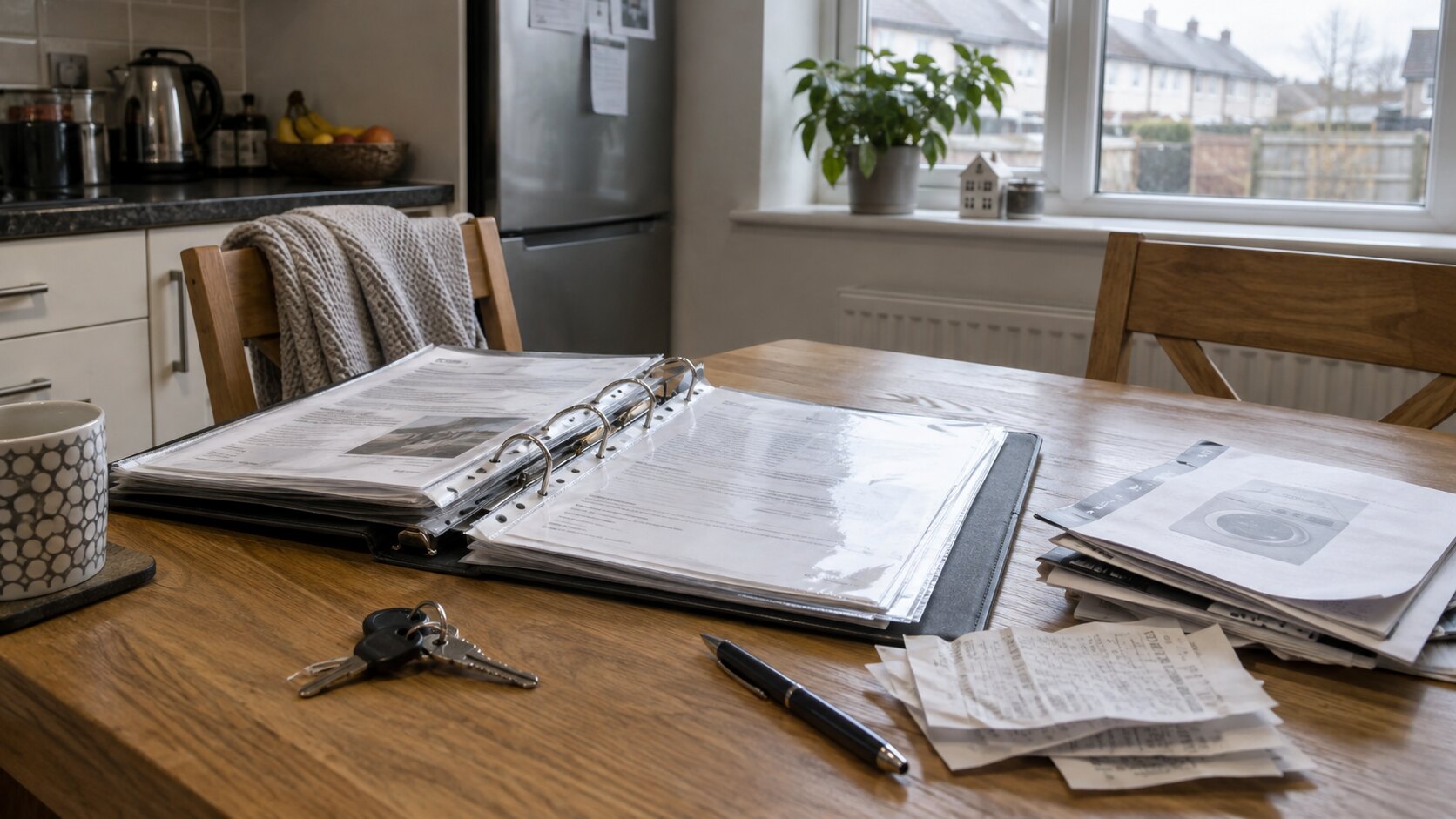 Home document folder with appliance manuals, receipts and house keys on a kitchen table.