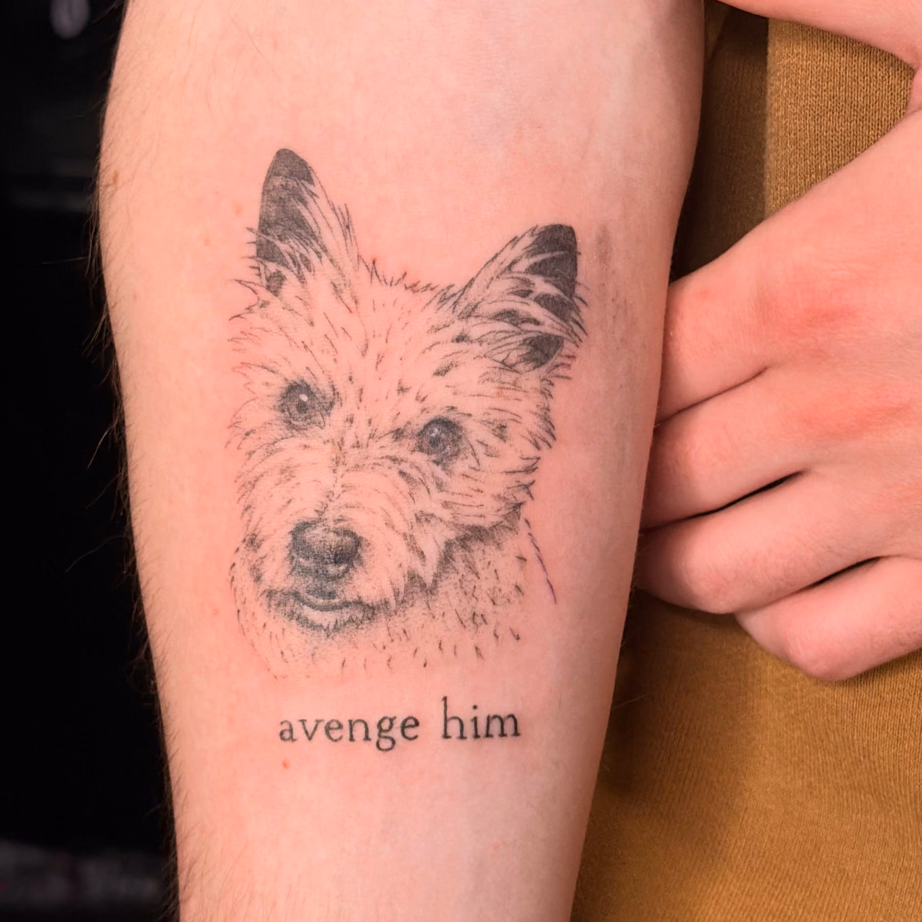 Black and grey dog portrait tattoo