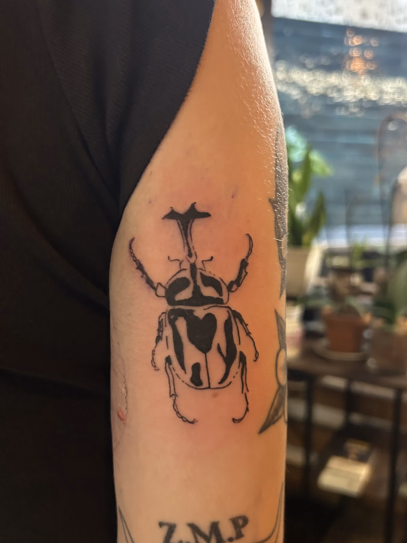 Blackwork beetle forearm tattoo
