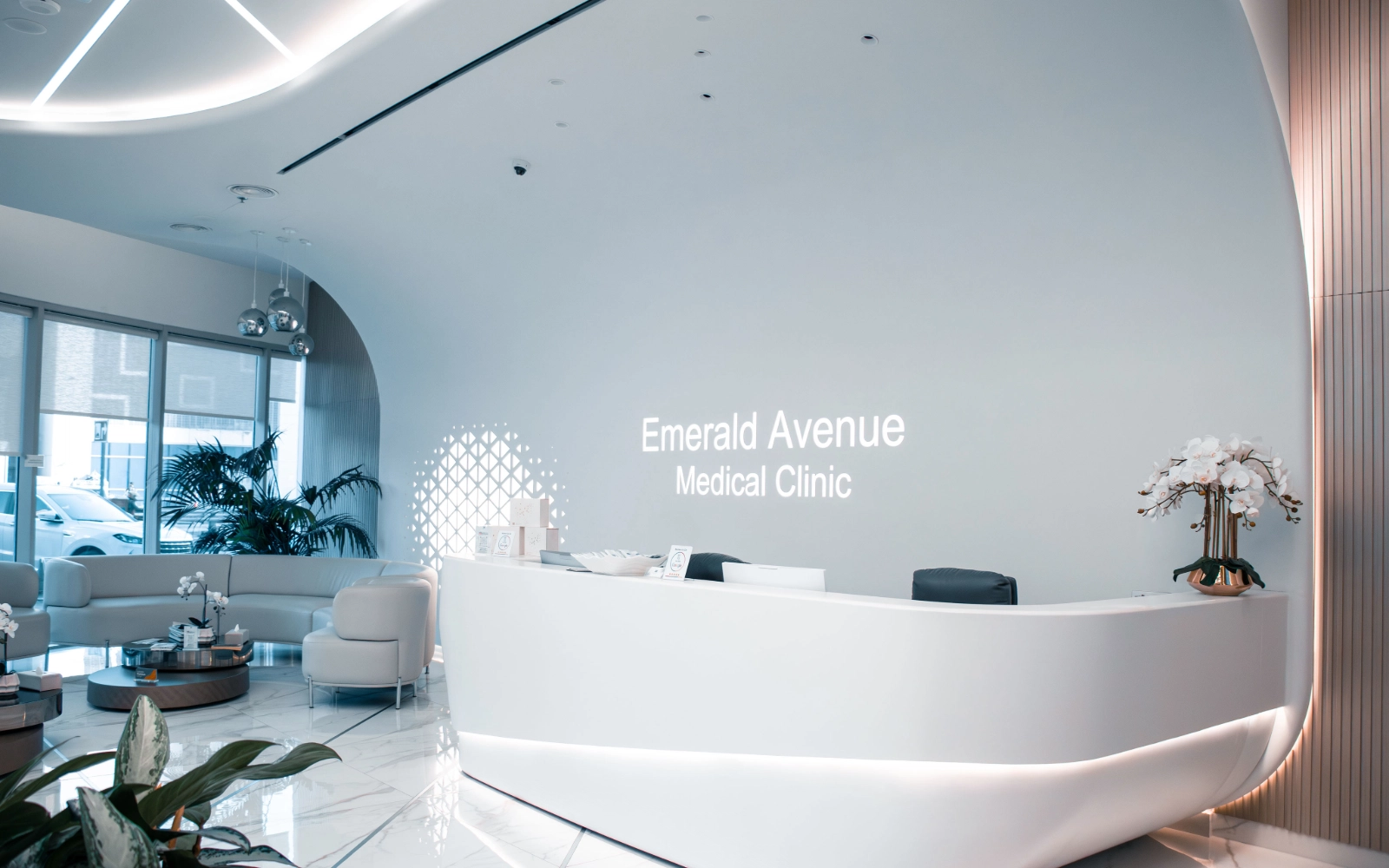 The waiting area at Emerald Avenue Medical Clinic in Dubai Marina