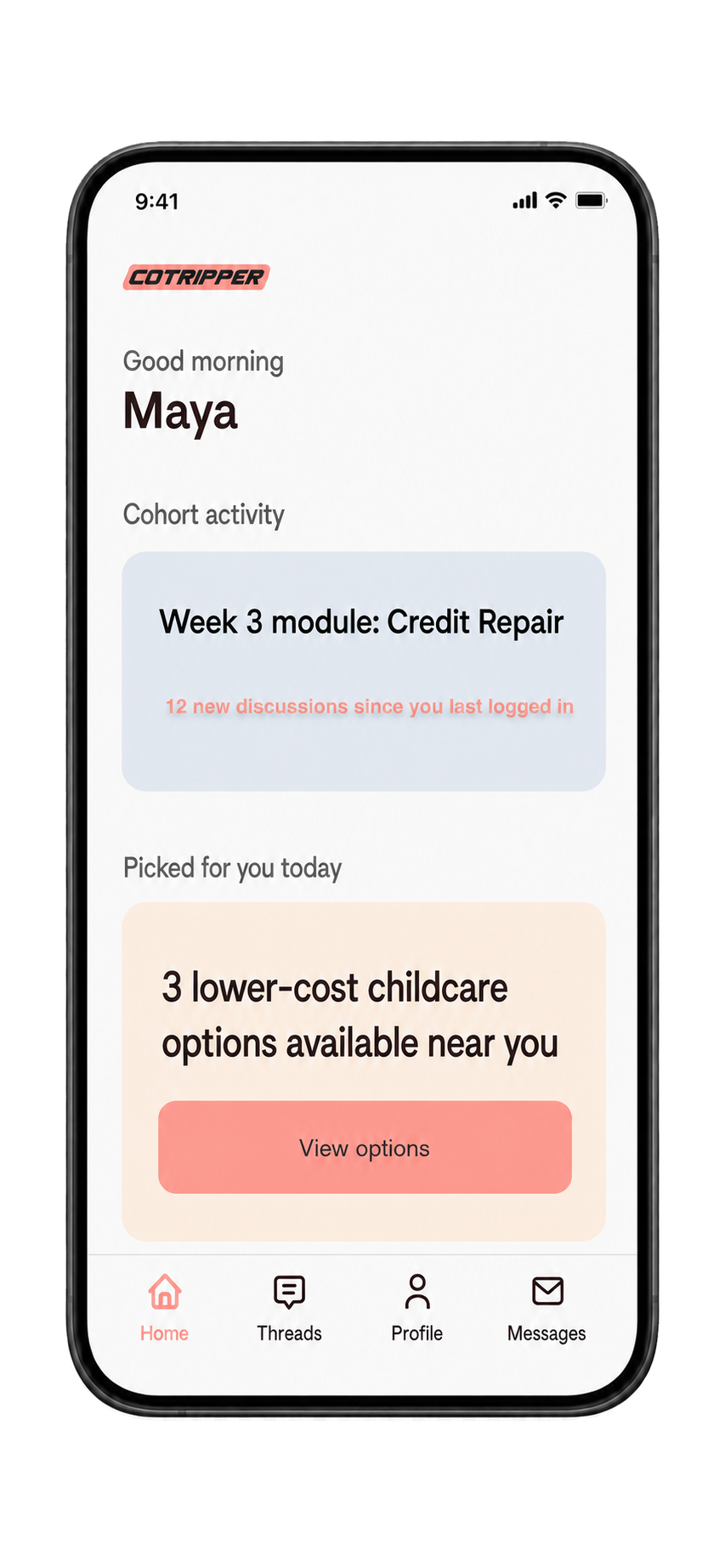 The CoTripper app showing a mom's current activity and next step