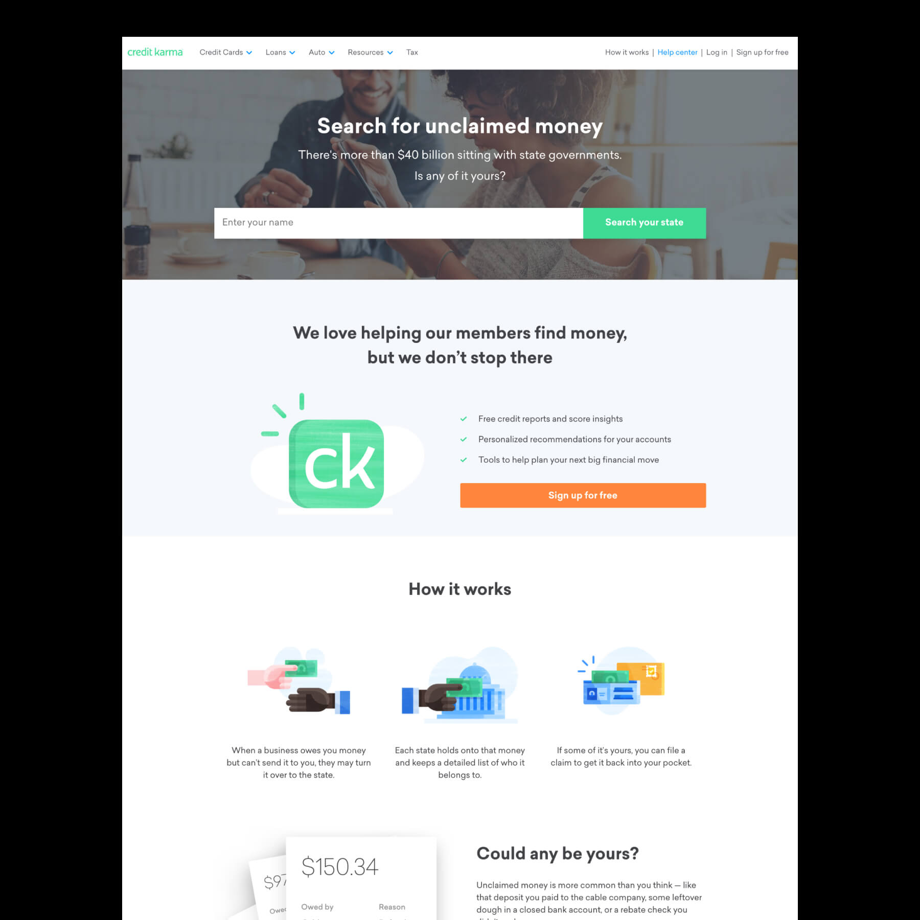 A landing page for design for Credit Karma unclaimed money.