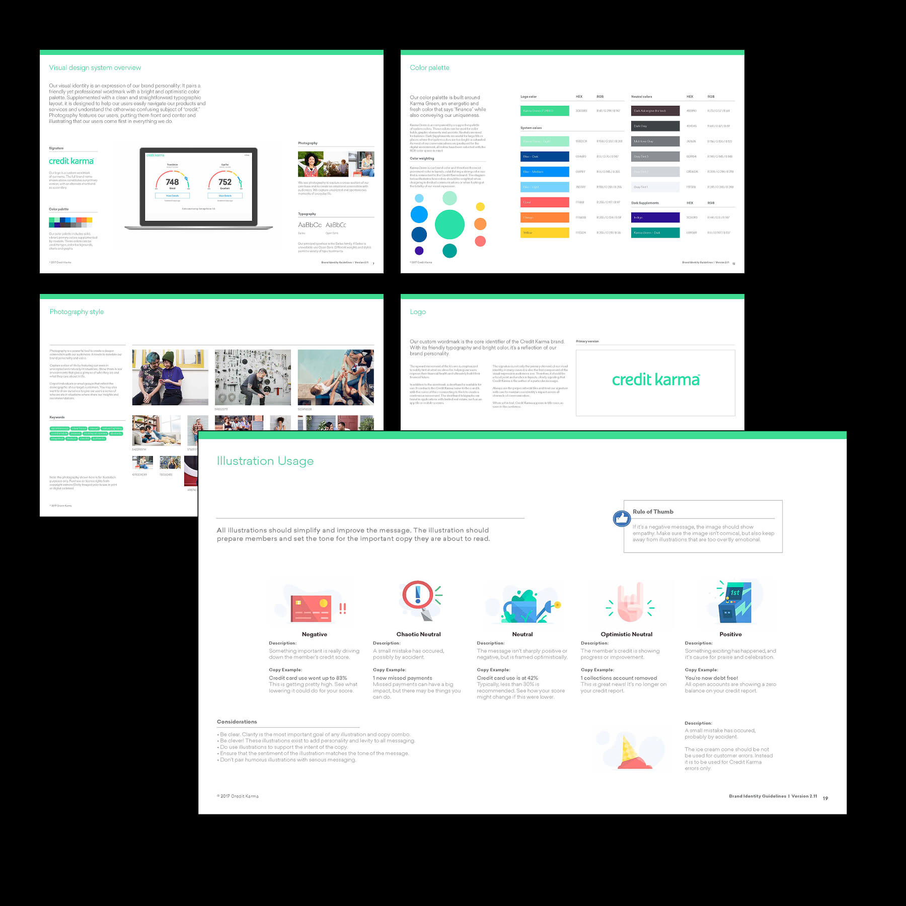 Example pages of the 100-page Credit Karma brand guidelines