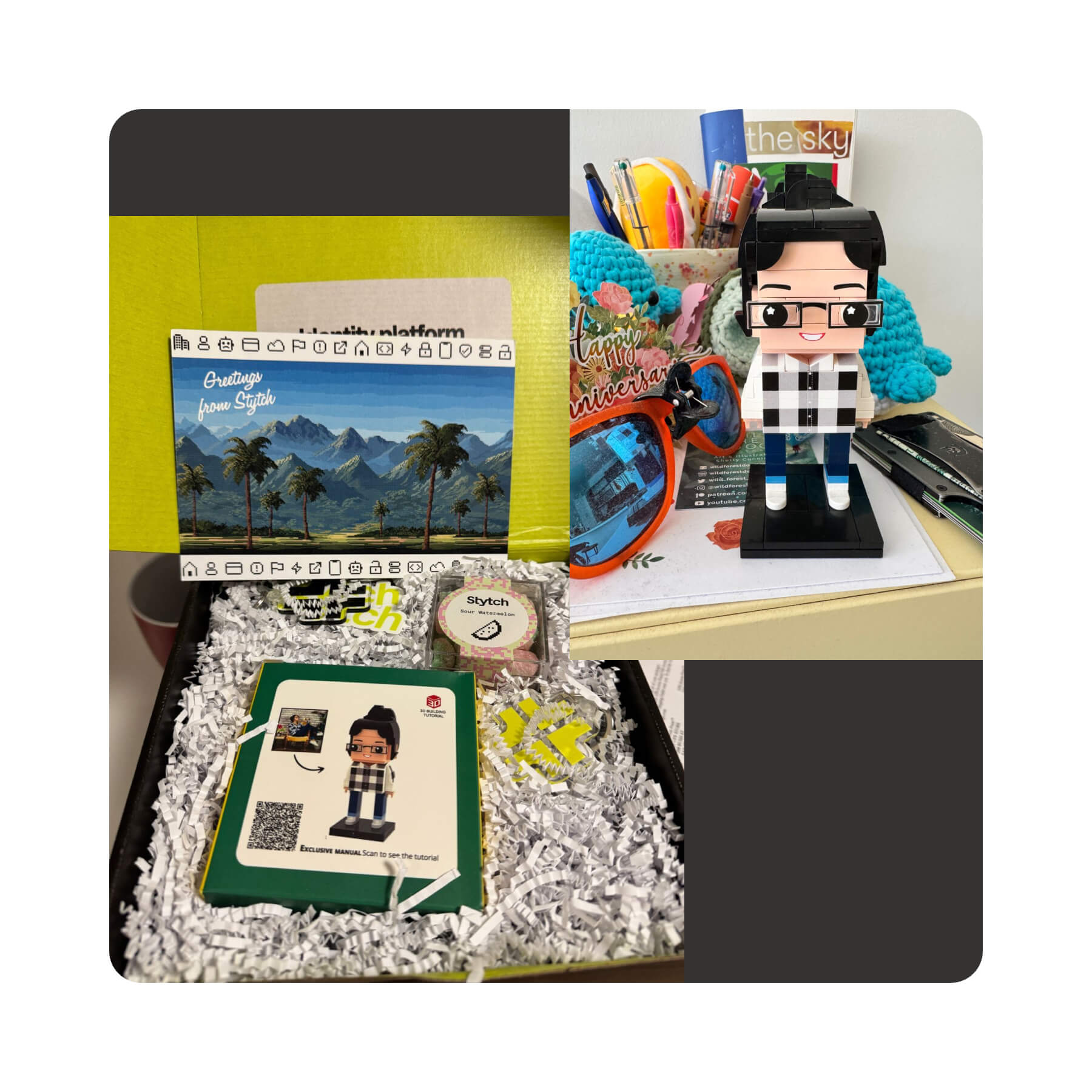 Stytch goodie box including postcard, candy, stickers, and custom lego set