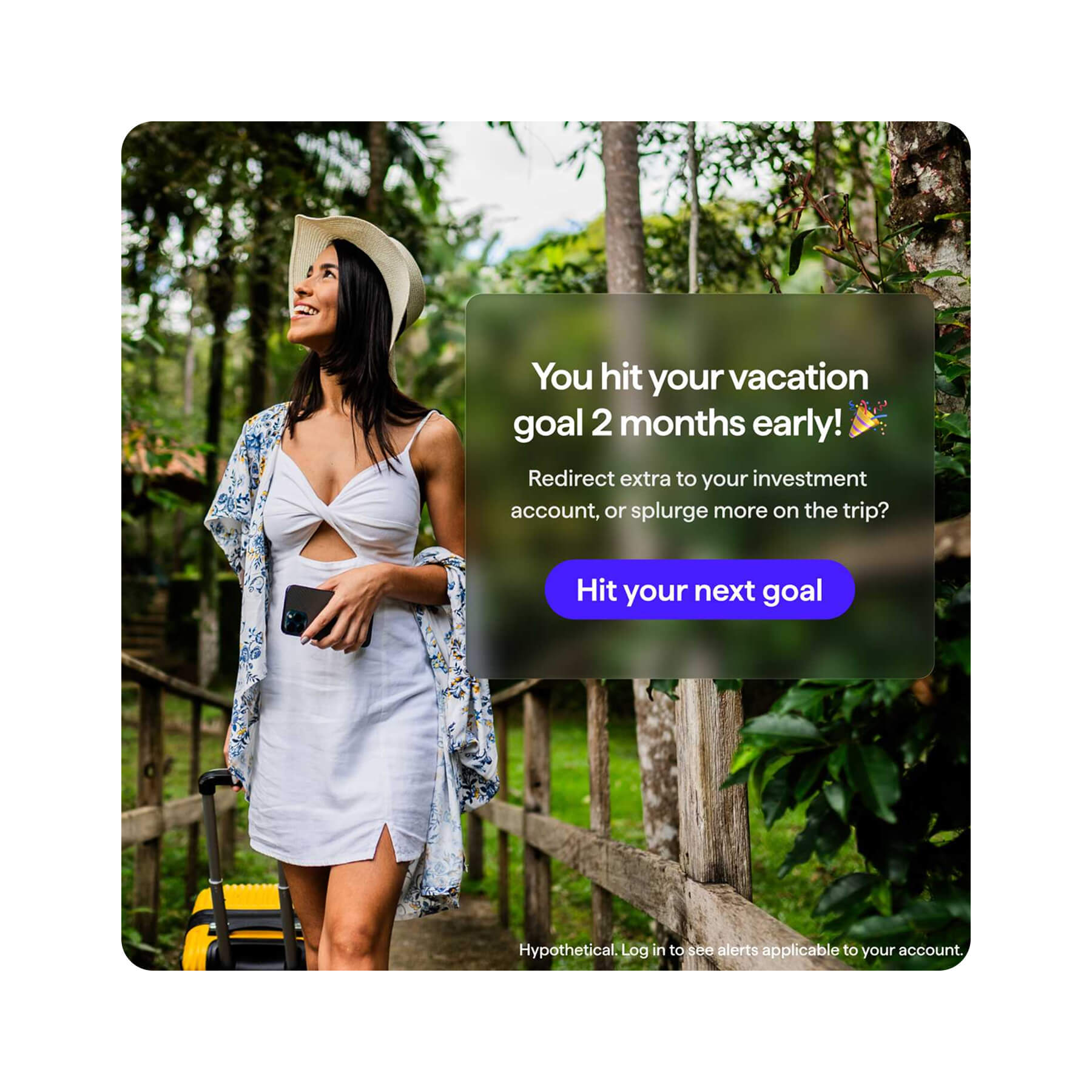 A Quicken ad example of a woman on vacation in a tropical setting.