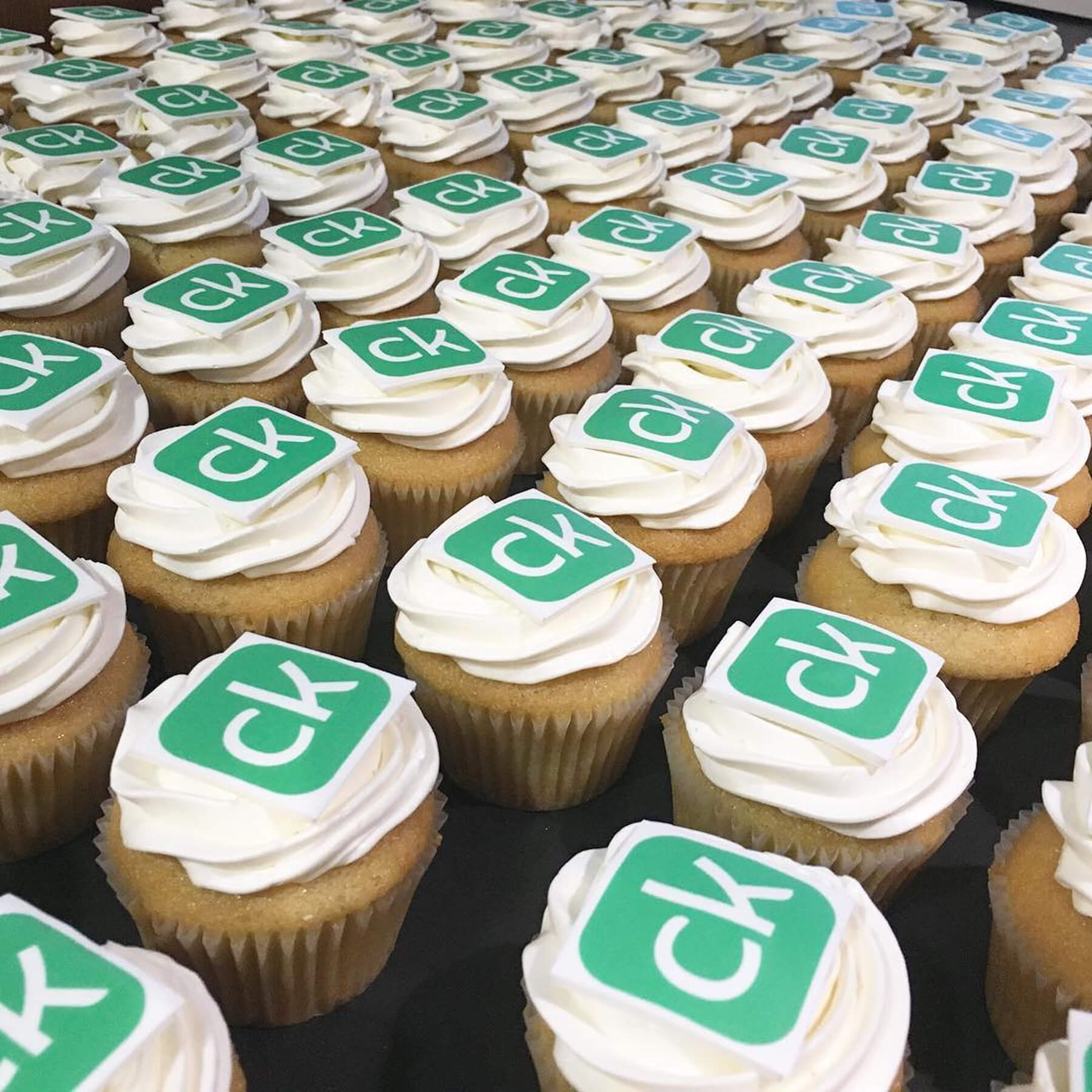 Cupcakes with the new Credit Karma "CK" app icon.
