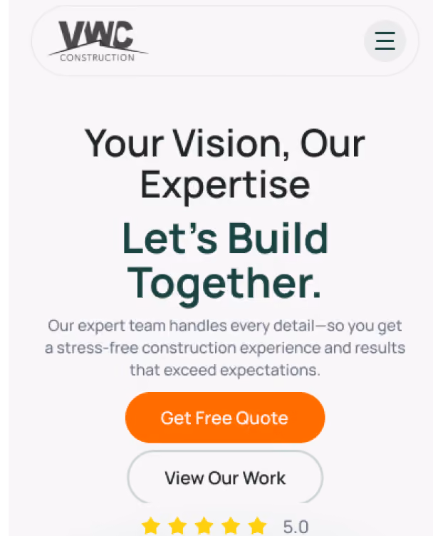 VWC Construction mobile screen