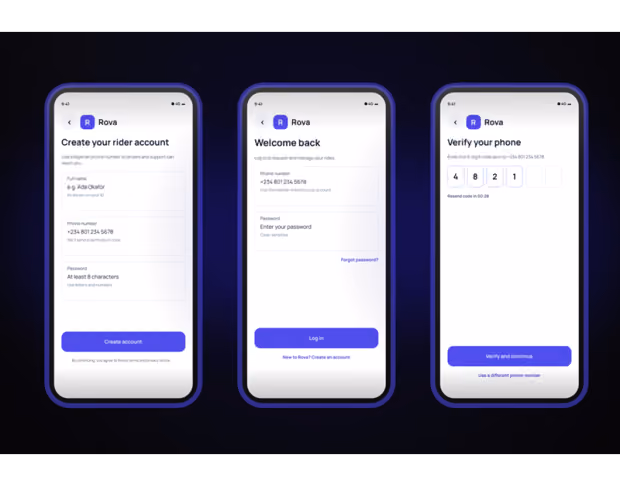 Rova ride-booking mobile interface